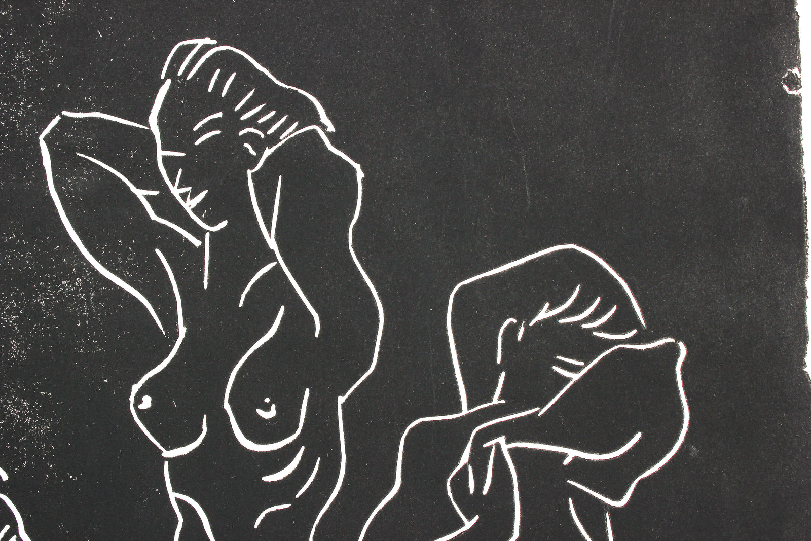 Three Female Nudes <br>Mid Century Linoleum Block Print <br><br>#5267