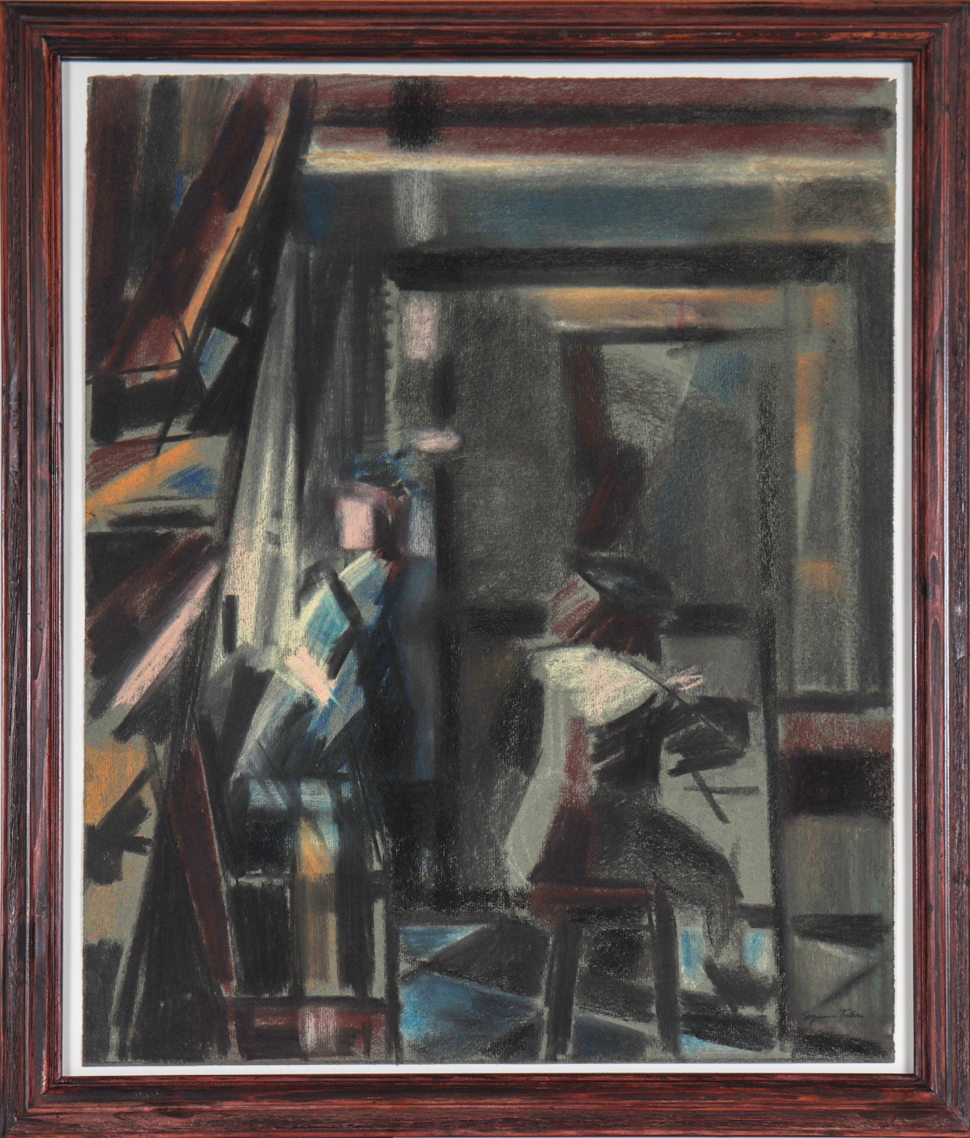 Cubist Figures in Scene <br>1950s Charcoal & Pastel <br><br>#66919