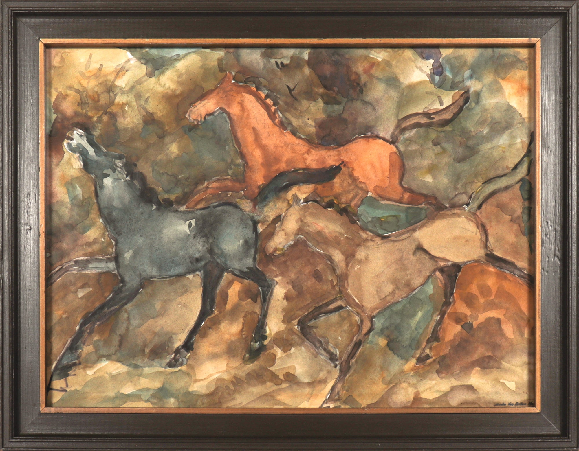 Running Horses <br>1960s Watercolor <br><br>#92583
