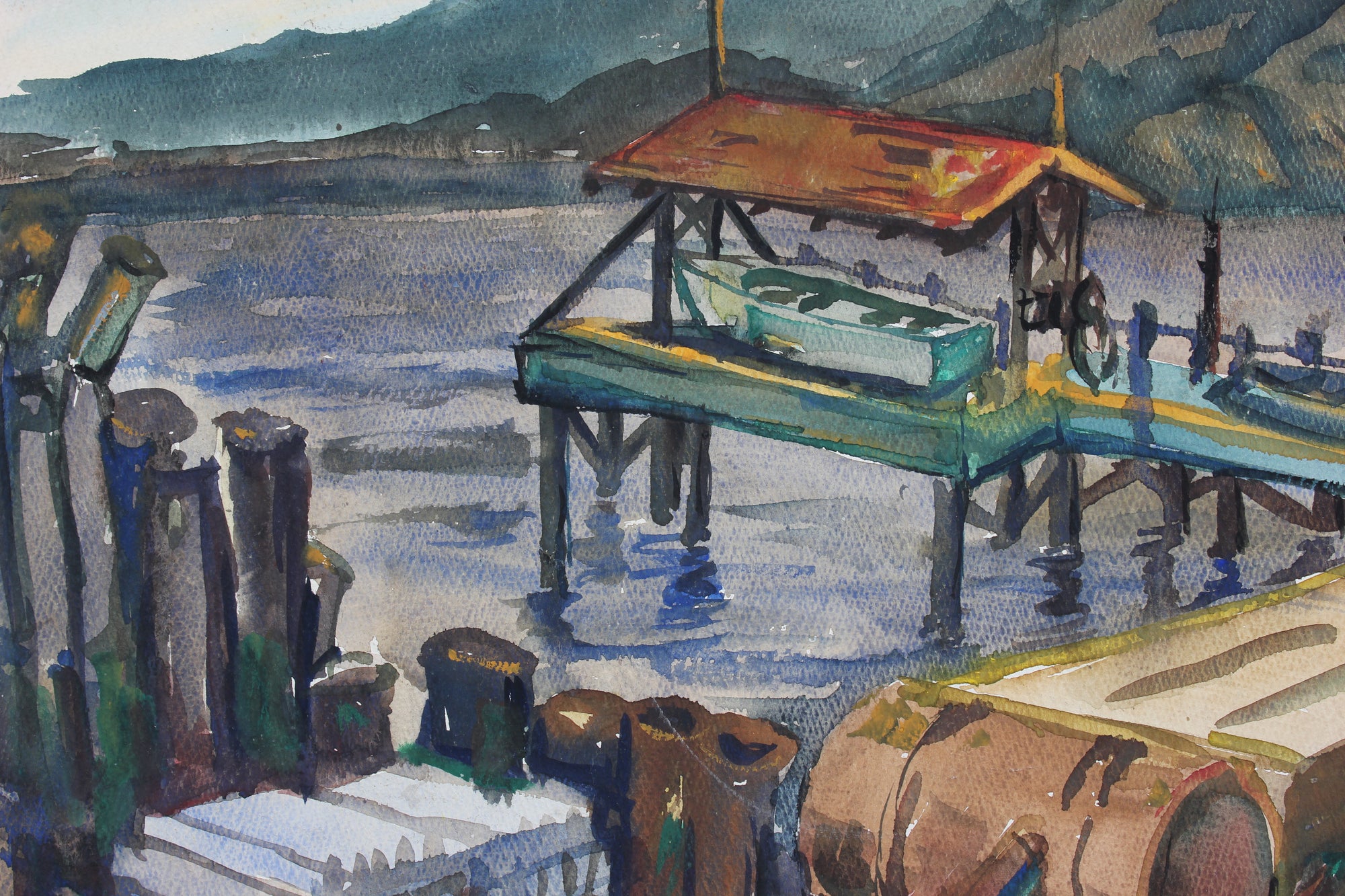 Industrial Harbor Scene <br>1960s Watercolor<br><br>#92593