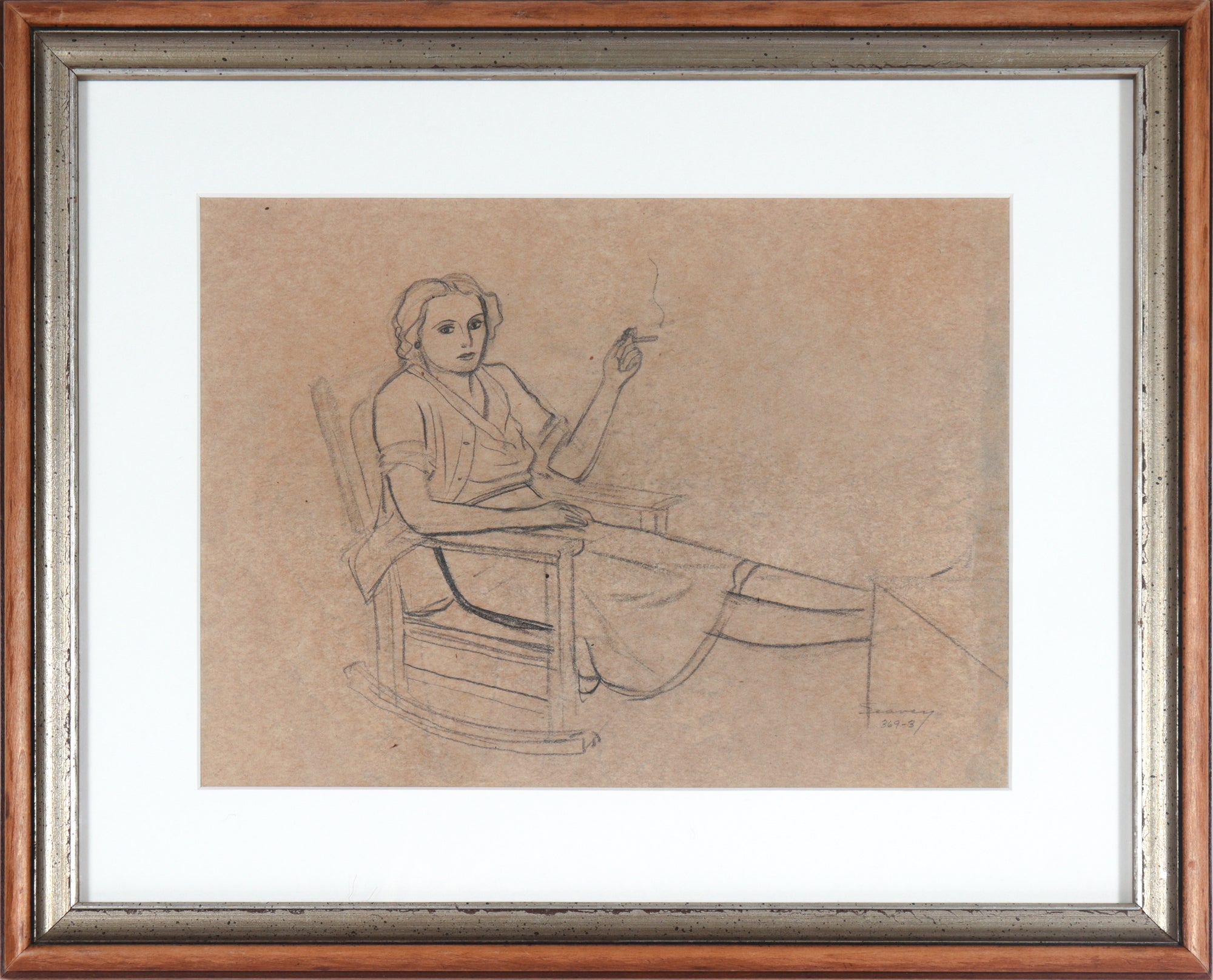 Woman Smoking in a Rocking Chair<br>20th Century Graphite<br><br>#9420