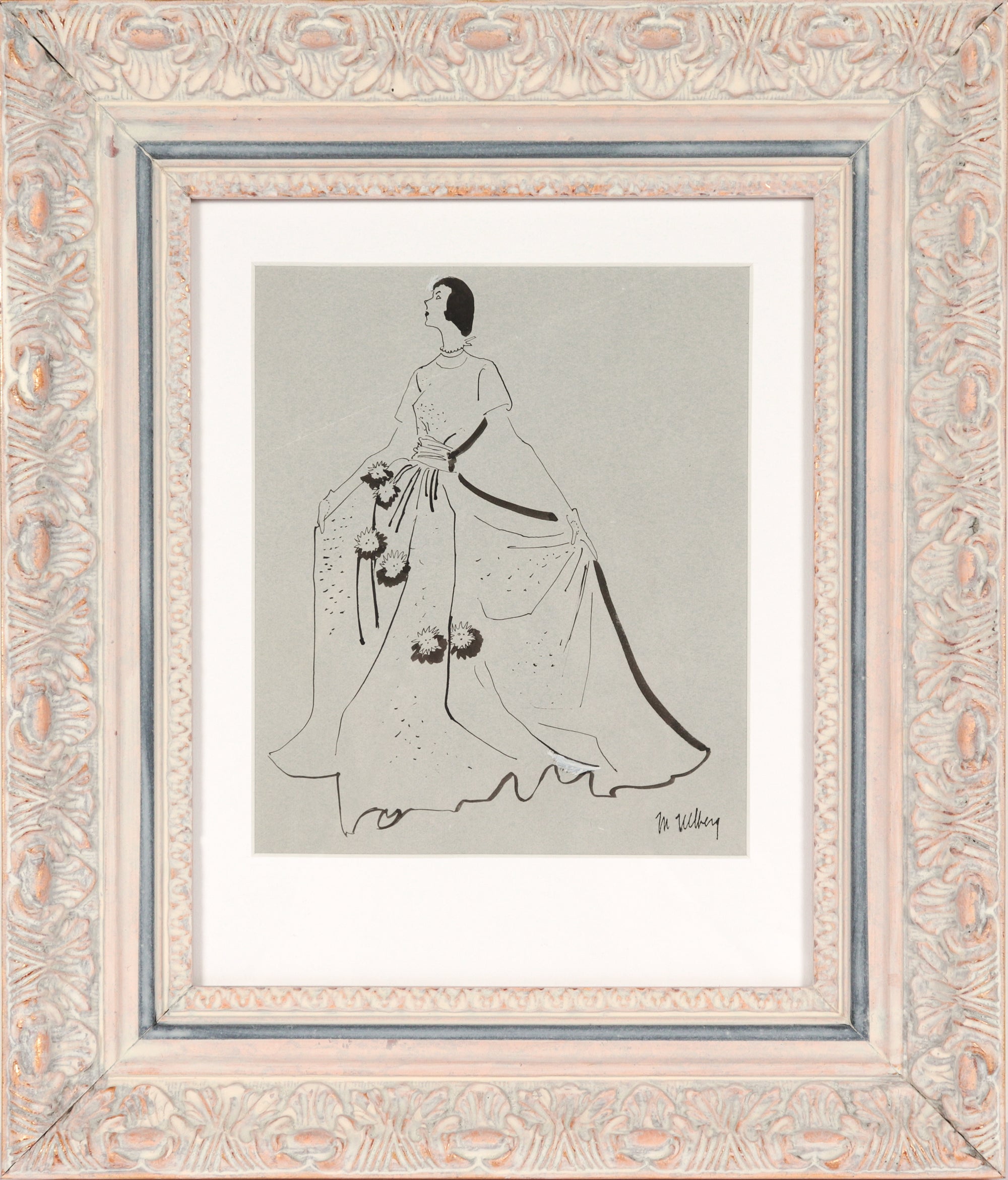 Stylized Fashion Gown <br>1946-54 Ink <br><br>#A1964