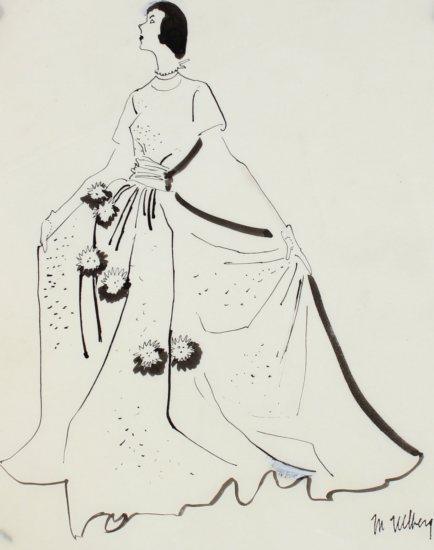 Stylized Fashion Gown <br>1946-54 Ink <br><br>#A1964