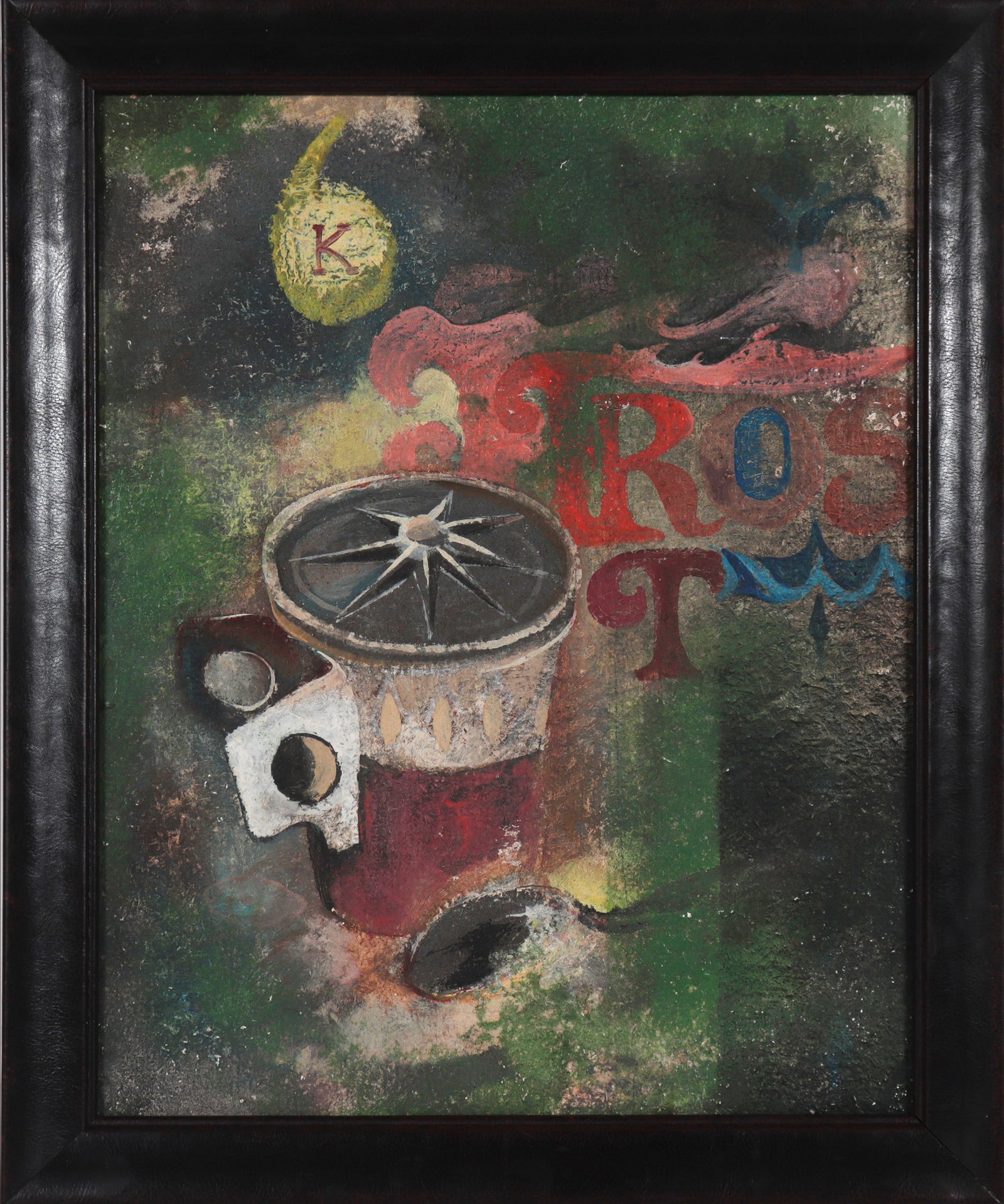 Abstracted Still Life with Text & Coffee Cup <br>20th Century Oil <br><br>#B0714