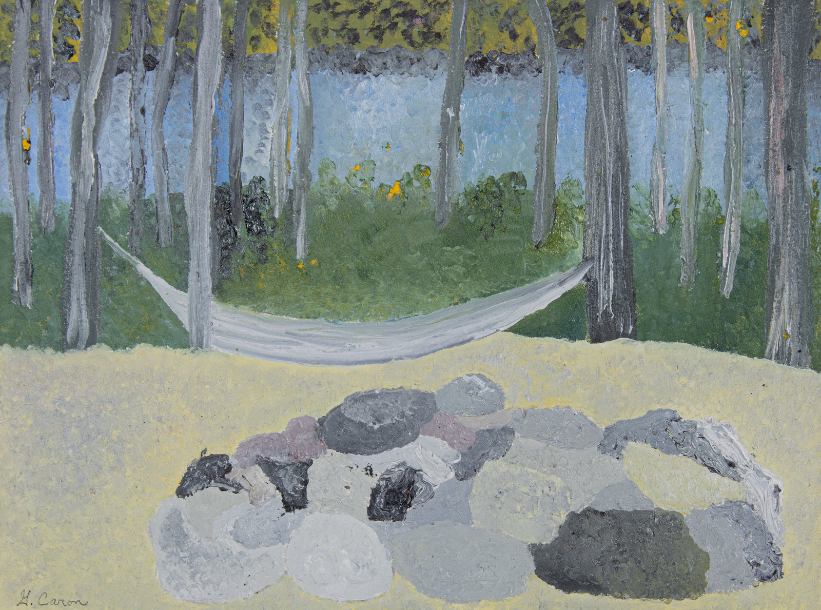 <i>Fire Pit</i>, Marsh Pond, NH <br>2021 Oil on Paper <br><br>#B5292