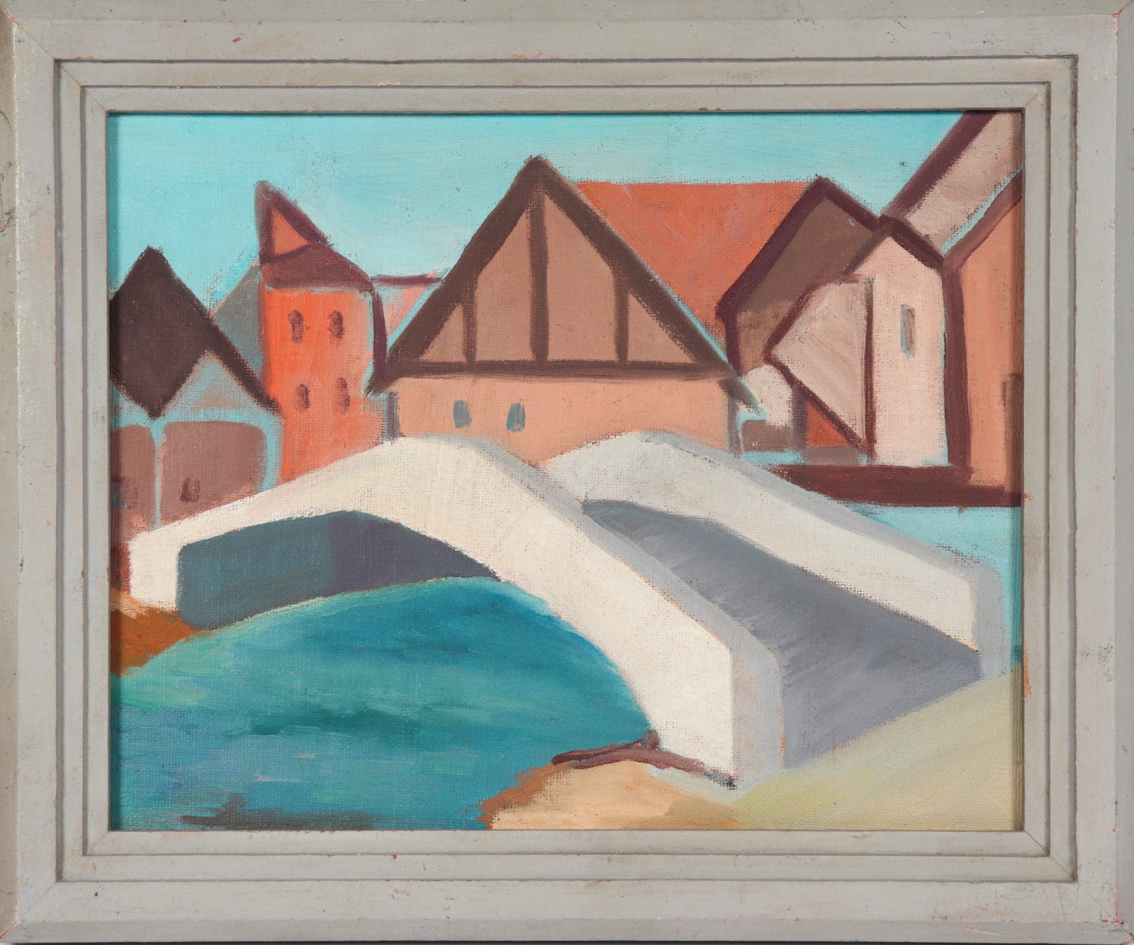 Blocky City Scene with Bridge <br>1966 Oil <br><br>#C3931