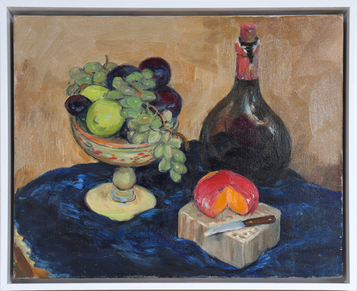 Tabletop Still Life with Wine &amp; Cheese&lt;br&gt;1970s Oil&lt;br&gt;&lt;br&gt;#C3946