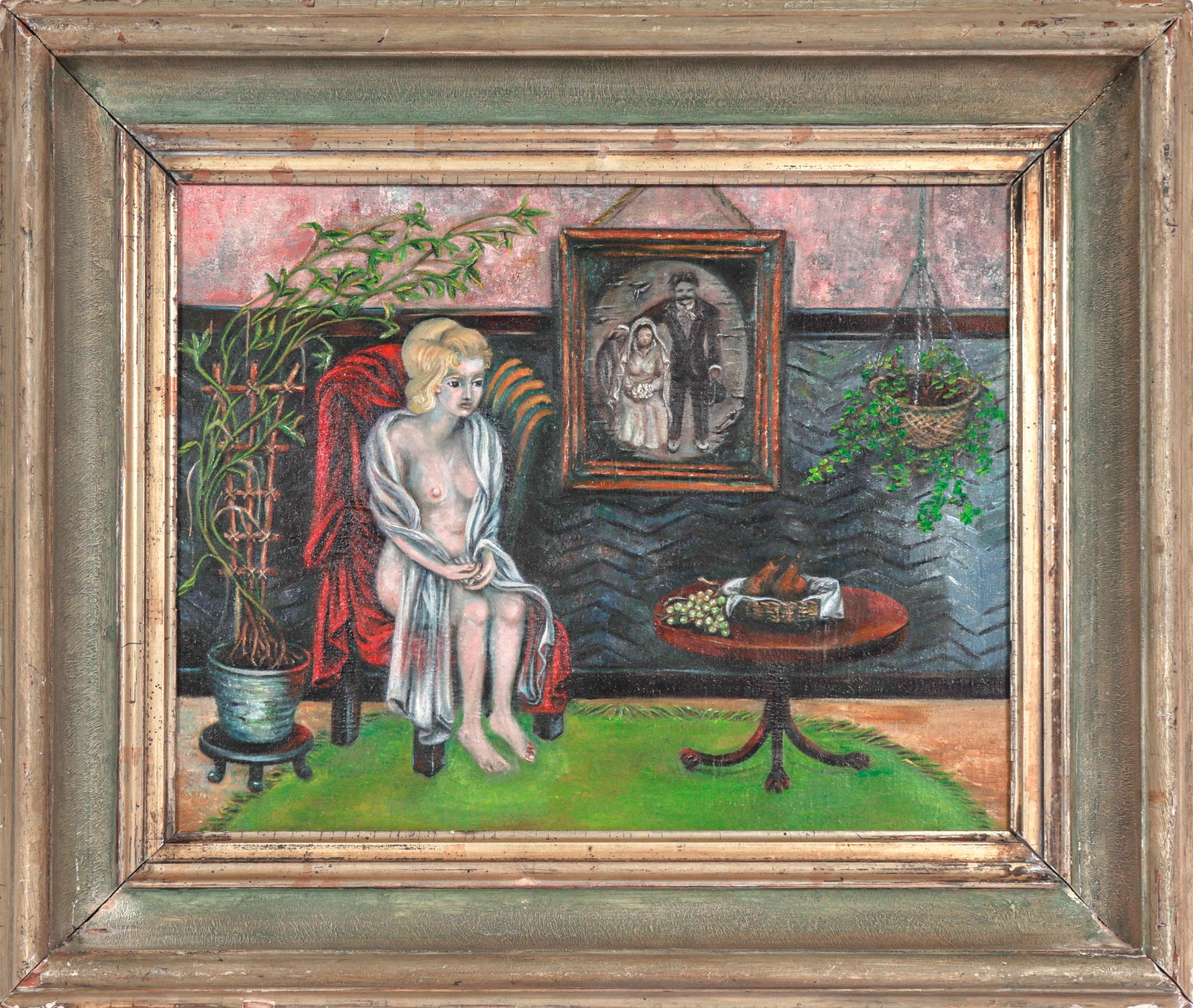 Interior Scene with Woman & Portrait <br>1950s Oil <br><br>#C4083