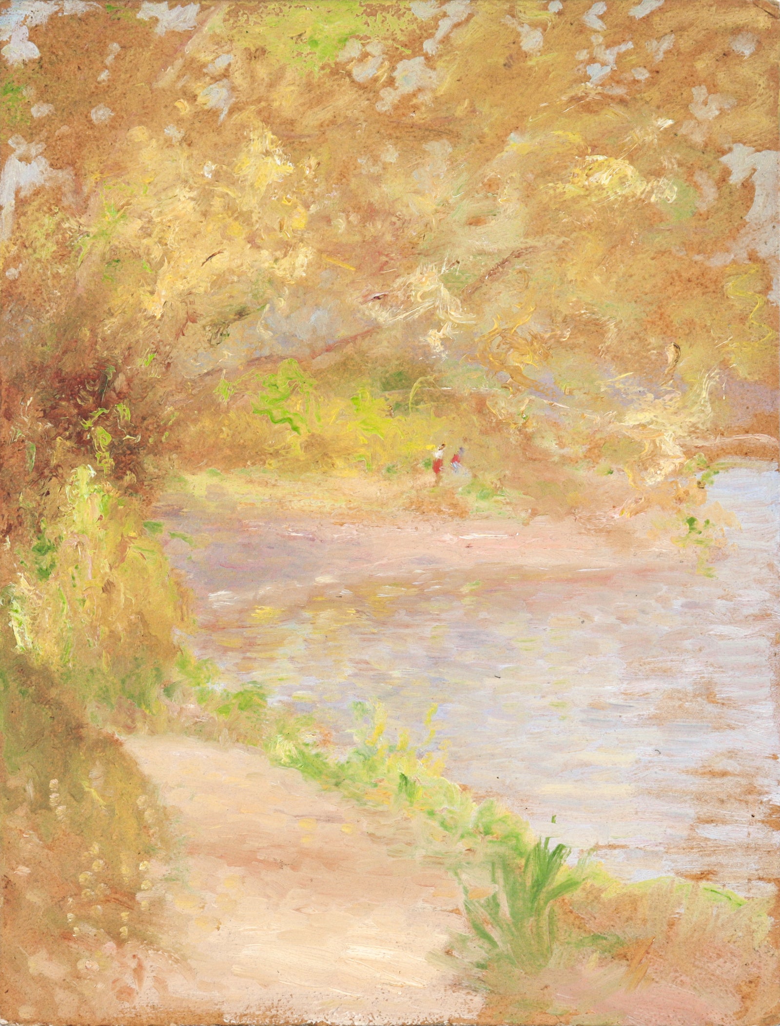 Idyllic Waterfront Scene <br>Early 20th Century Oil<br><br>#C4127