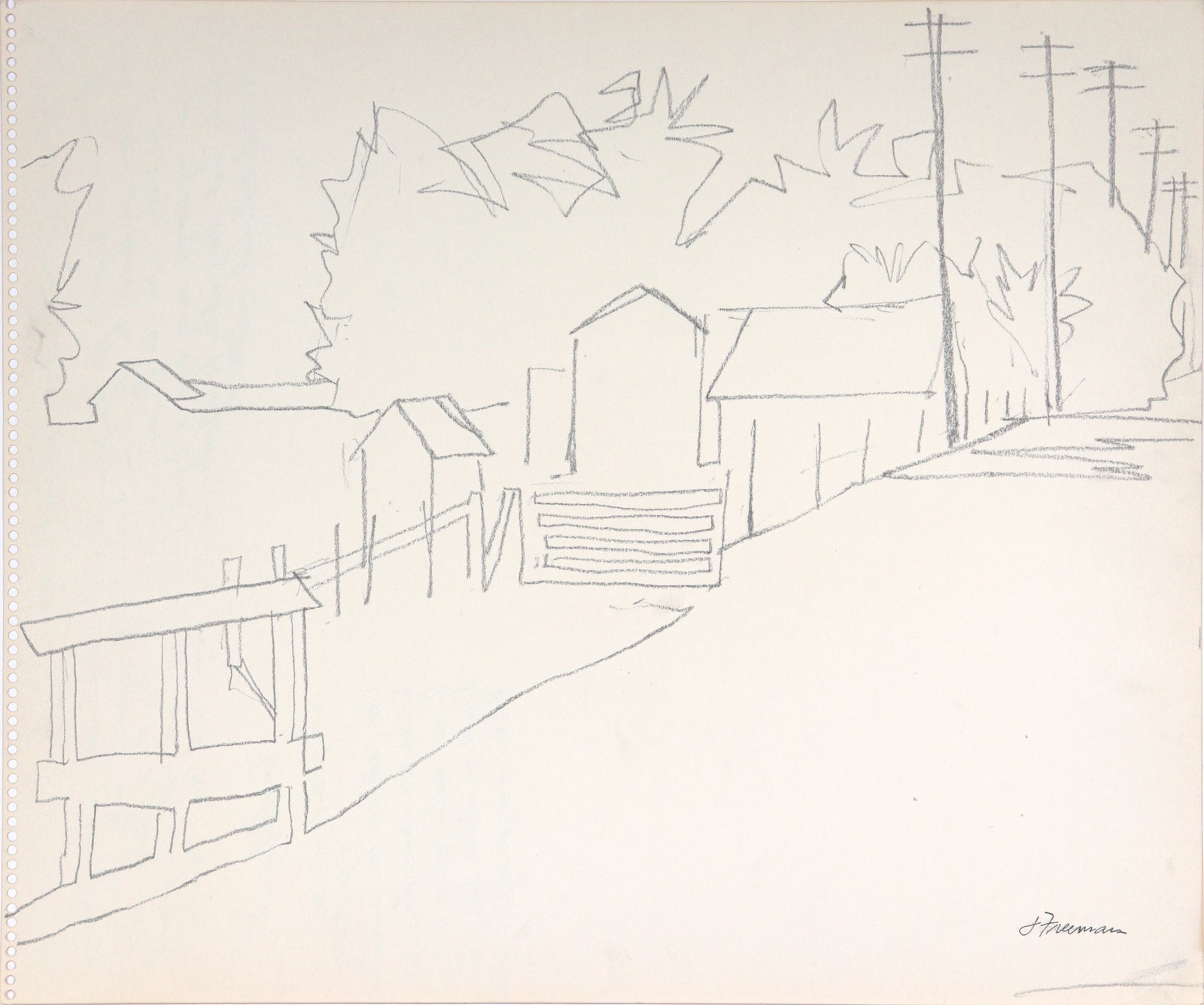Minimal Landscape with Telephone Poles<br>20th Century Graphite<br><br>#C4133