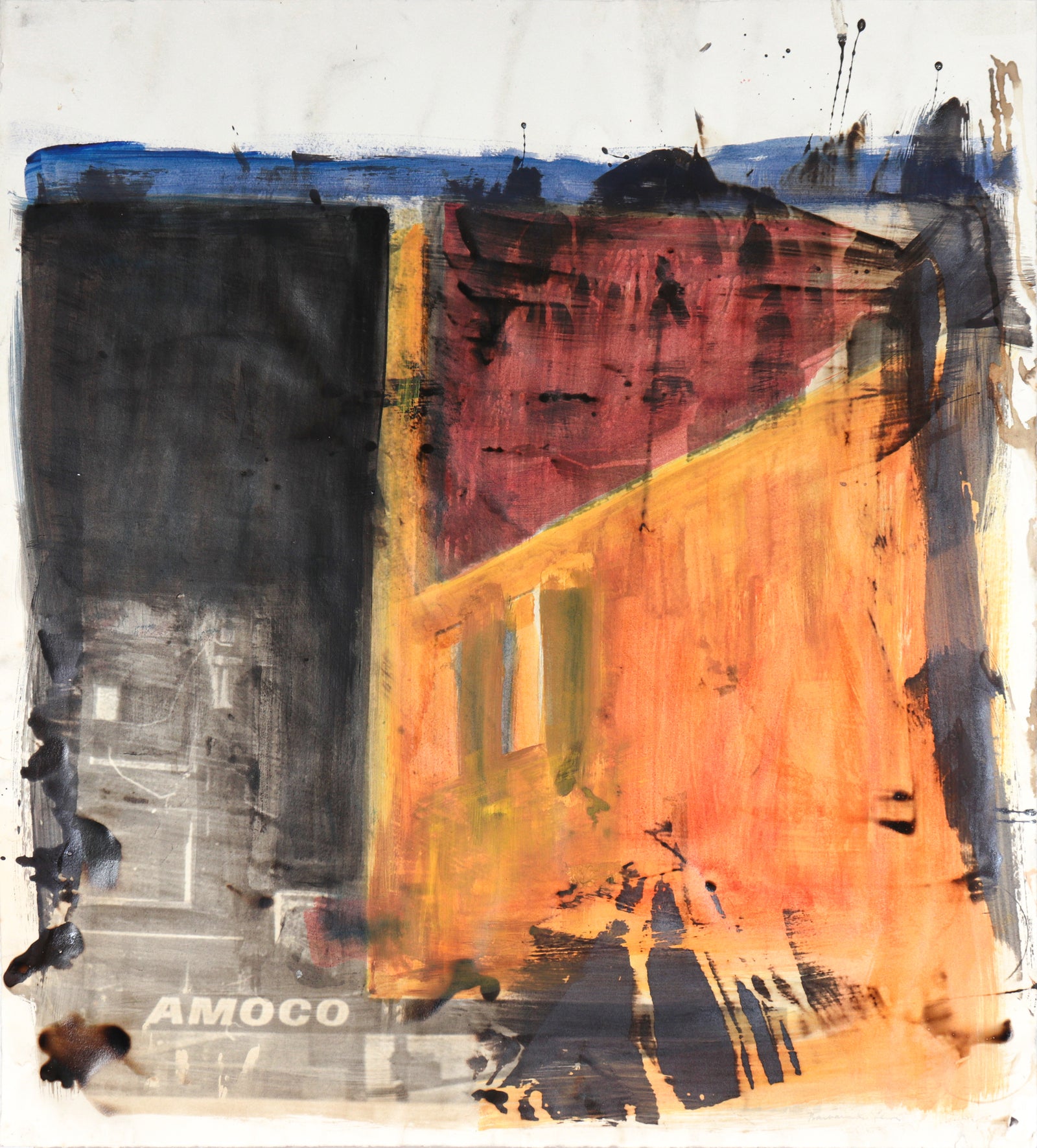 City Scene with Gas Station<br>20th Century Mixed-Media Photo Transfer <br><br>#C4177