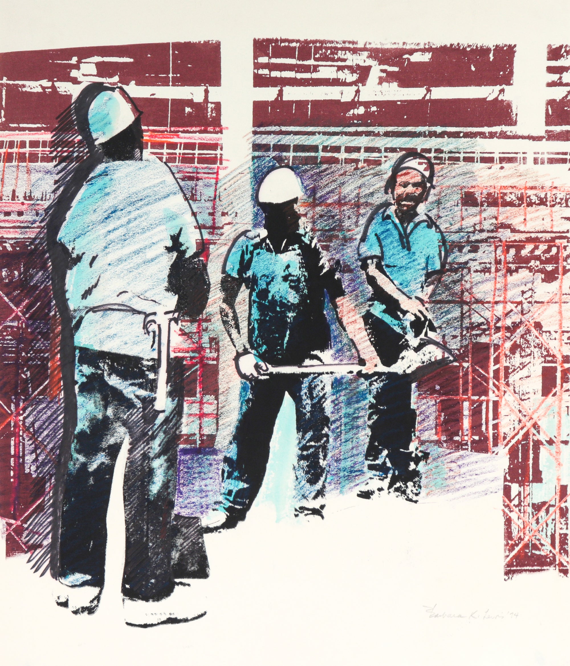 Figures on a Construction Site<br>1974 Mixed-Media Serigraph<br><br>#C4178