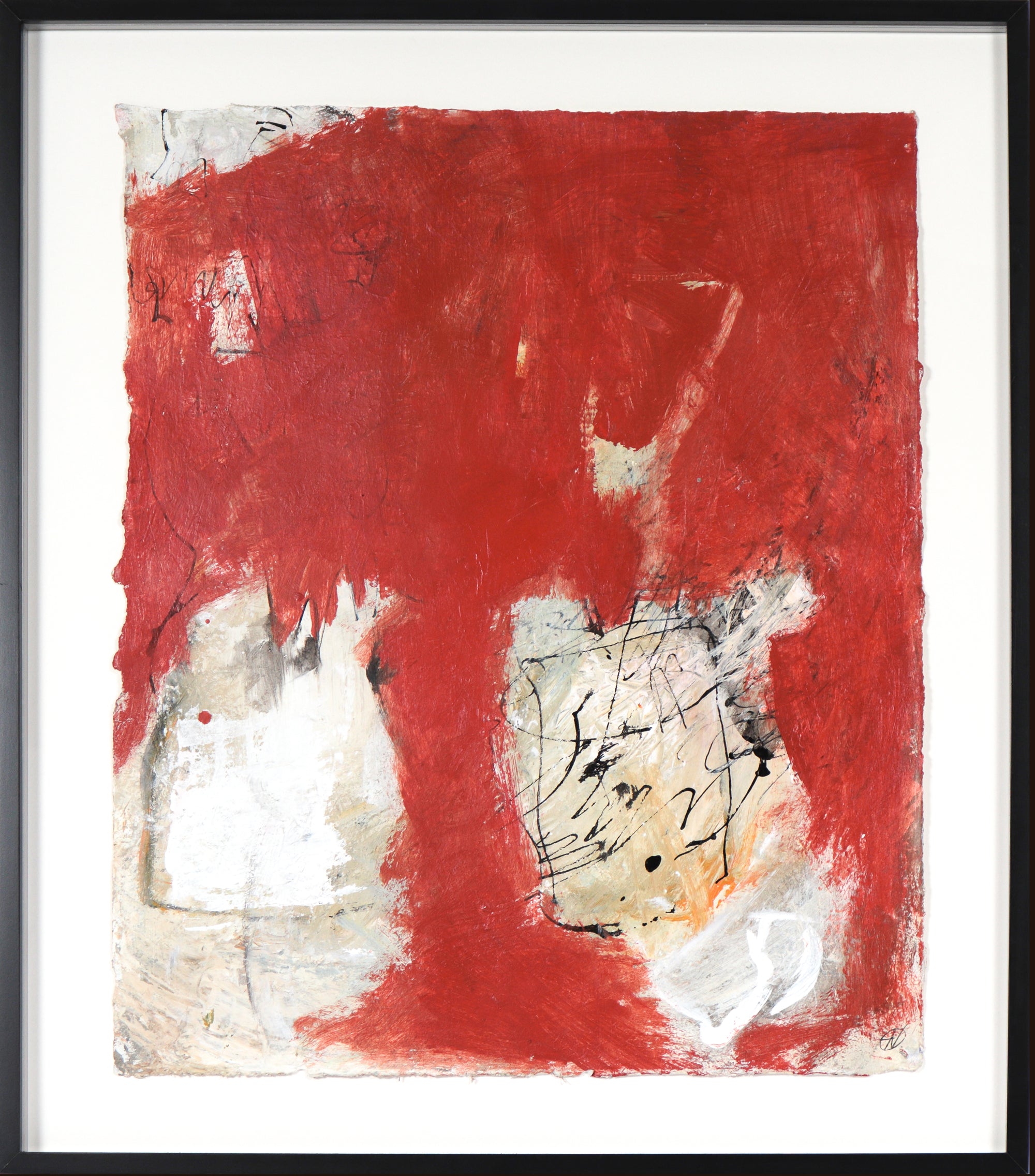 Red & White Gestural Abstract <br>20th Century Ink & Oil <br><br>#C4248