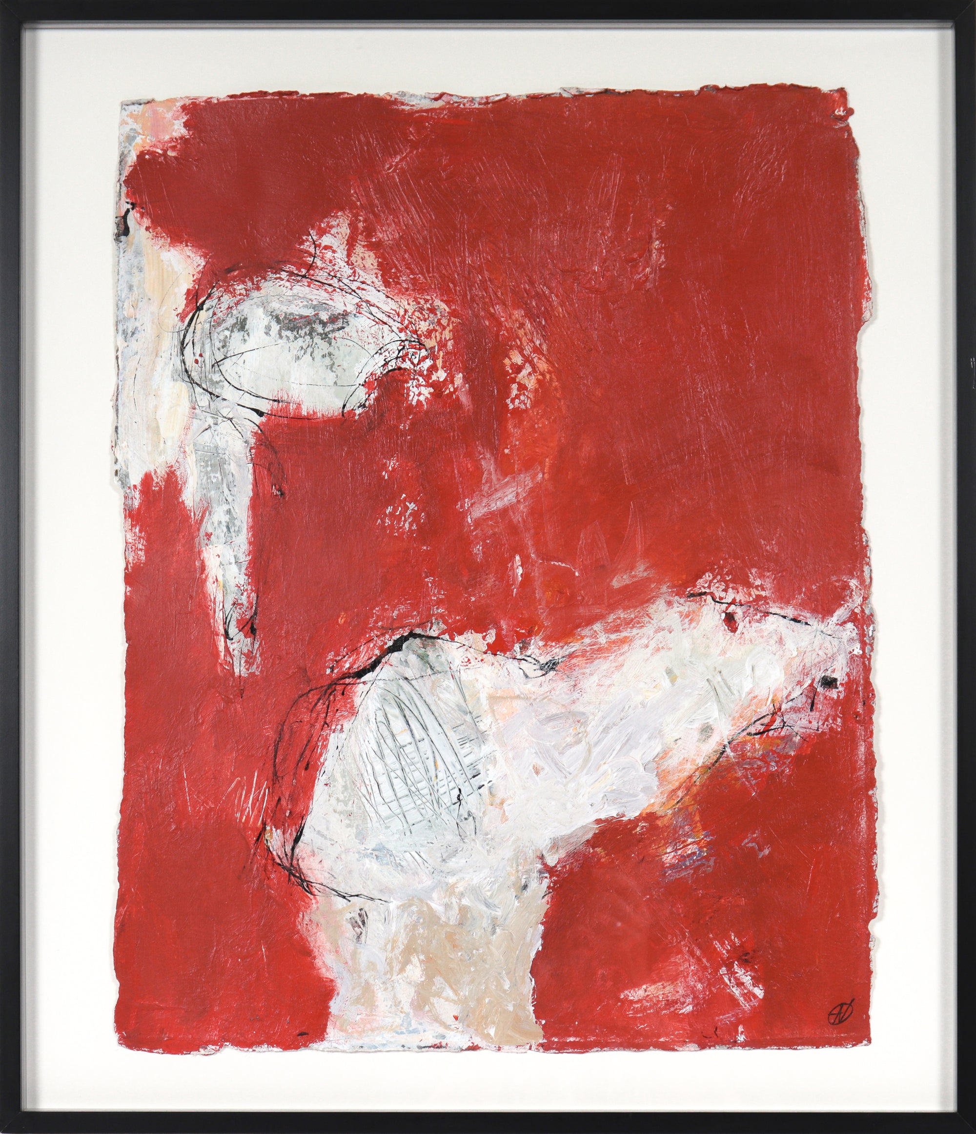 Gestural Red & White Abstract <br>20th Century Ink & Oil <br><br>#C4252