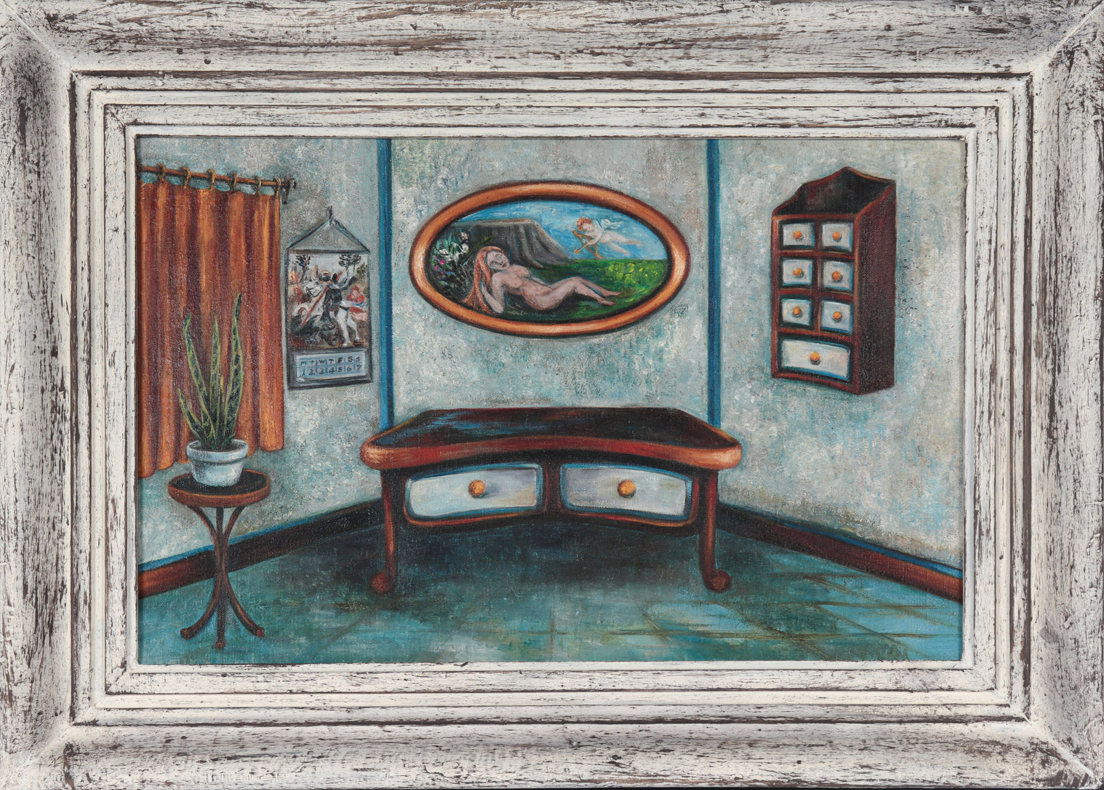 Quiet Surreal Interior Scene <br>Mid Century Oil <br><br>#C4288