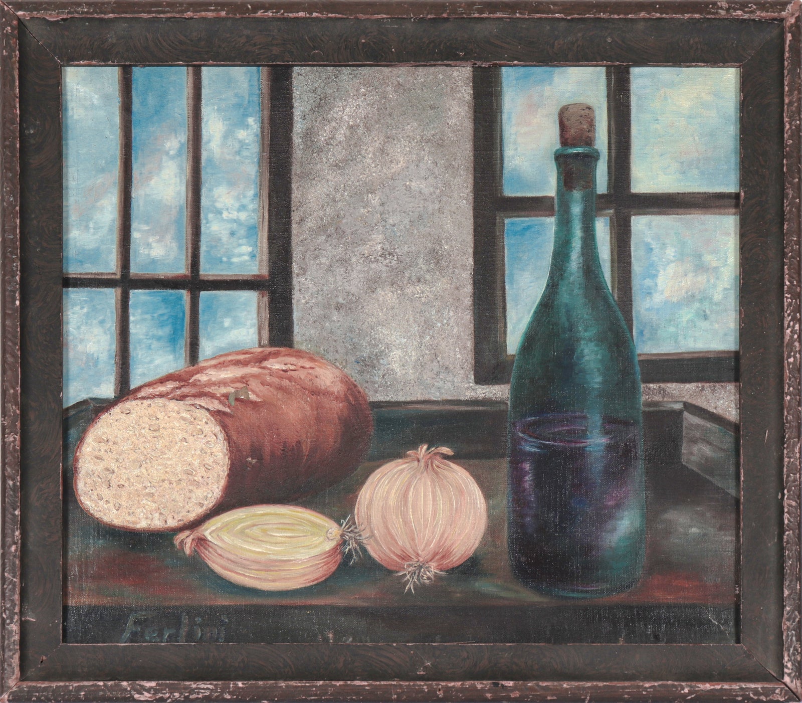 Still Life with Bread, Onions & Wine <br>1955 Oil <br><br>#C4289