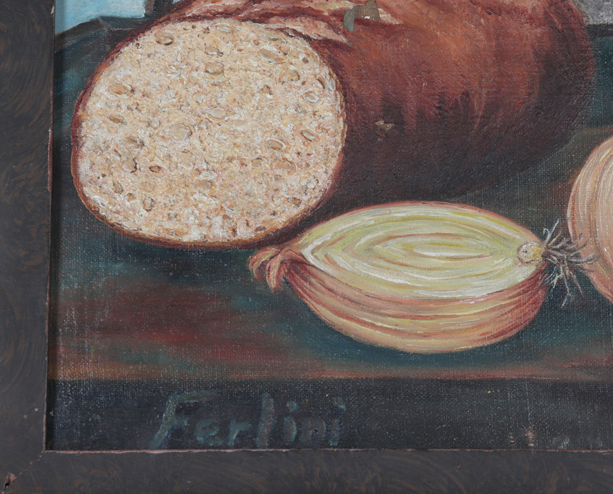 Still Life with Bread, Onions & Wine <br>1955 Oil <br><br>#C4289