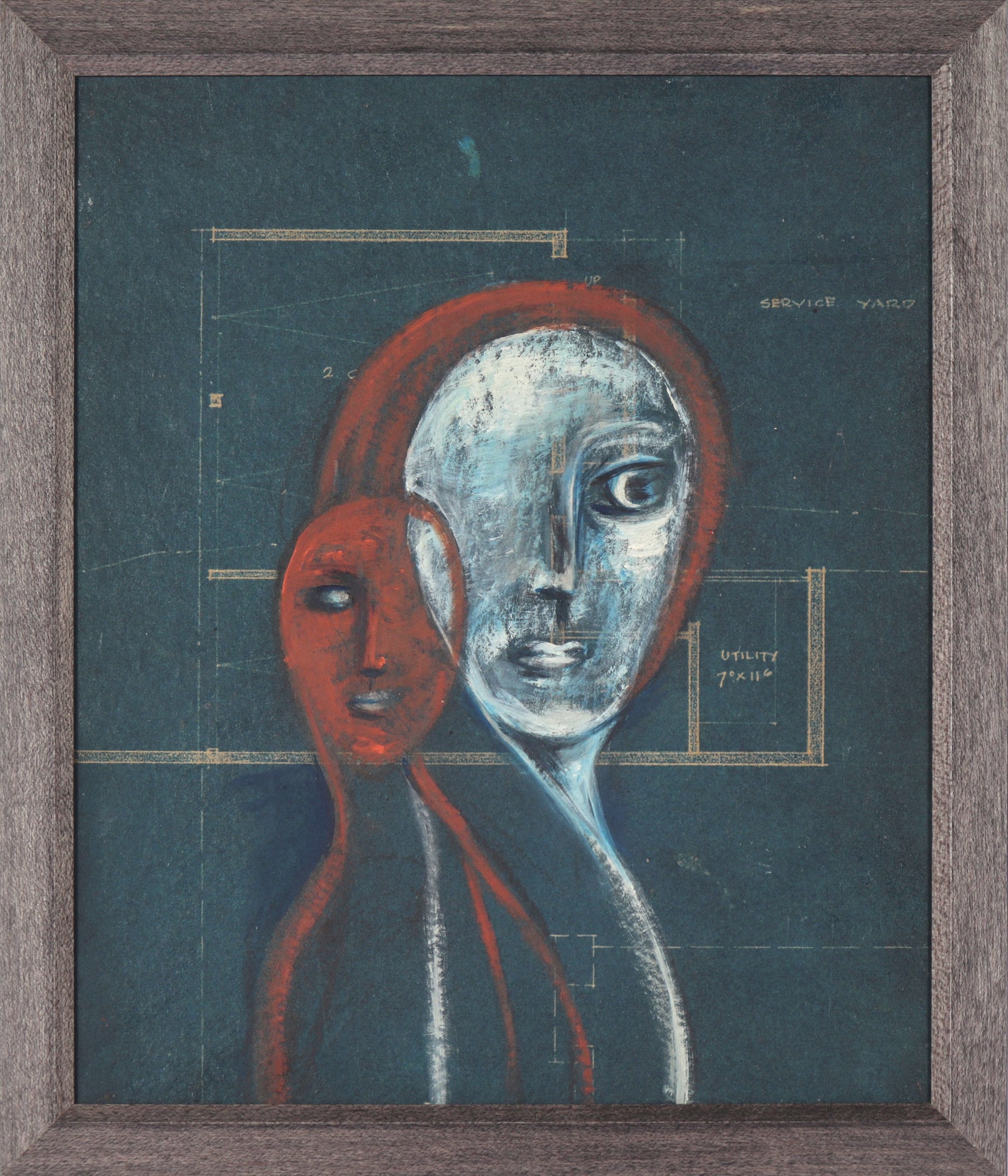 Two Faces <br>Mid Century Oil on Paper Board <br><br>#C4293