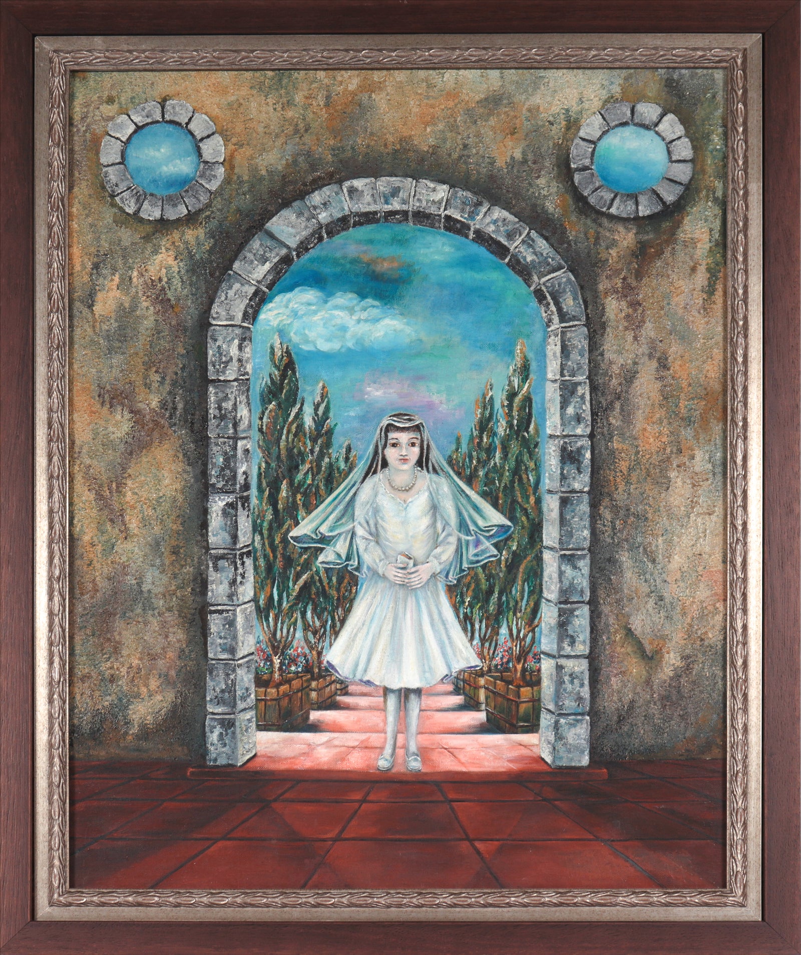 <i>Girl at Door</i> <br>Mid Century Oil <br><br>#C4304