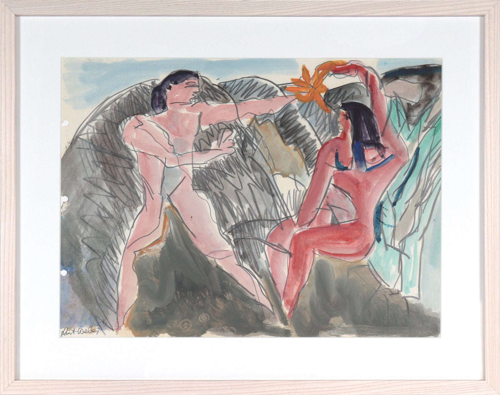 Expressionst Scene with Couple <br>20th Century Mixed Media <br><br>#C4396