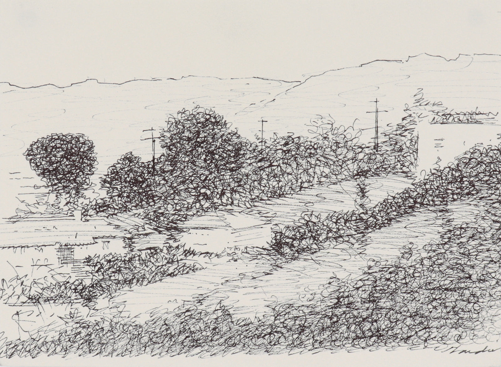 Los Angeles Hills Sketch<br>Late 20th Century Ink<br><br>#C4504