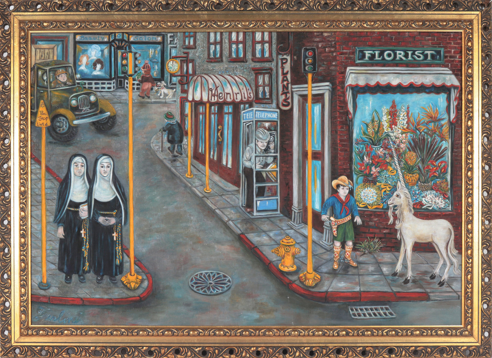 Busy Surreal City Scene <br>Mid Century Oil <br><br>#C4510