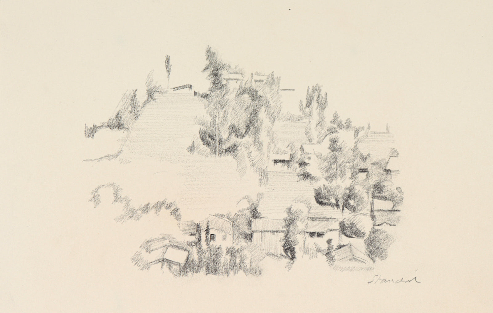 Stylized Hillside Landscape <br>20th Century Graphite<br><br>#C4533
