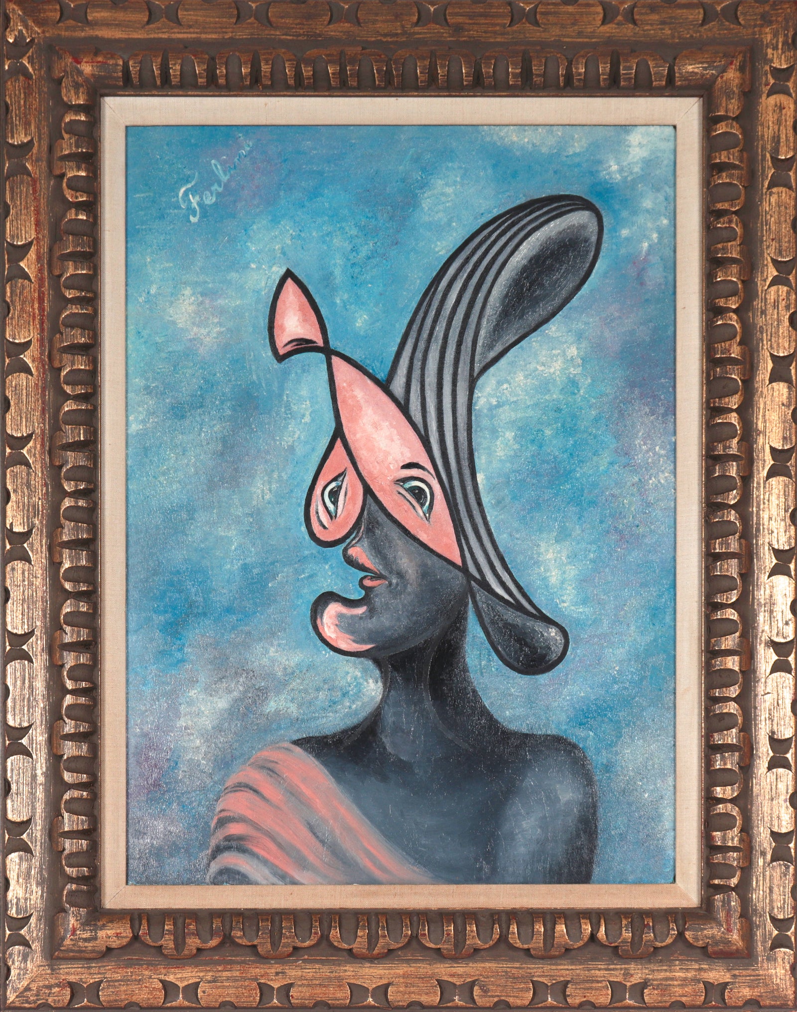 Surreal Cubist Portrait <br>Mid Century Oil <br><br>#C4539