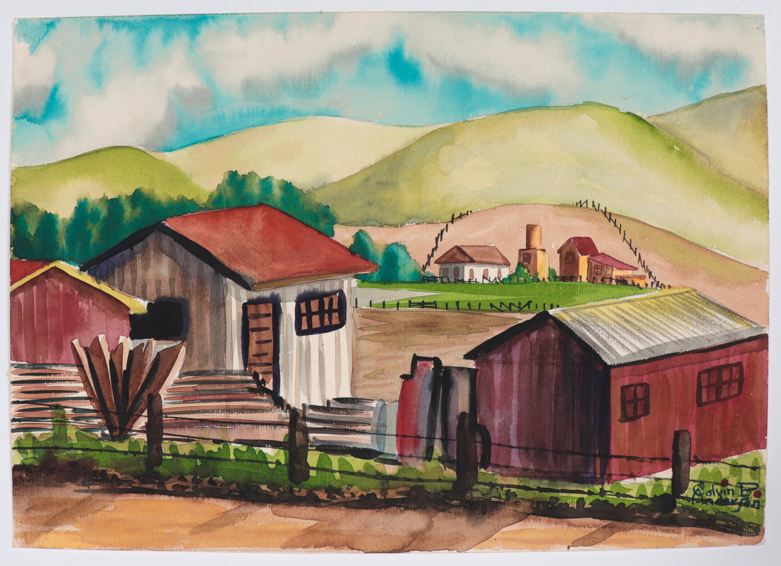 Idyllic Farm Scene <br>1942 Watercolor <br><br>#C4570