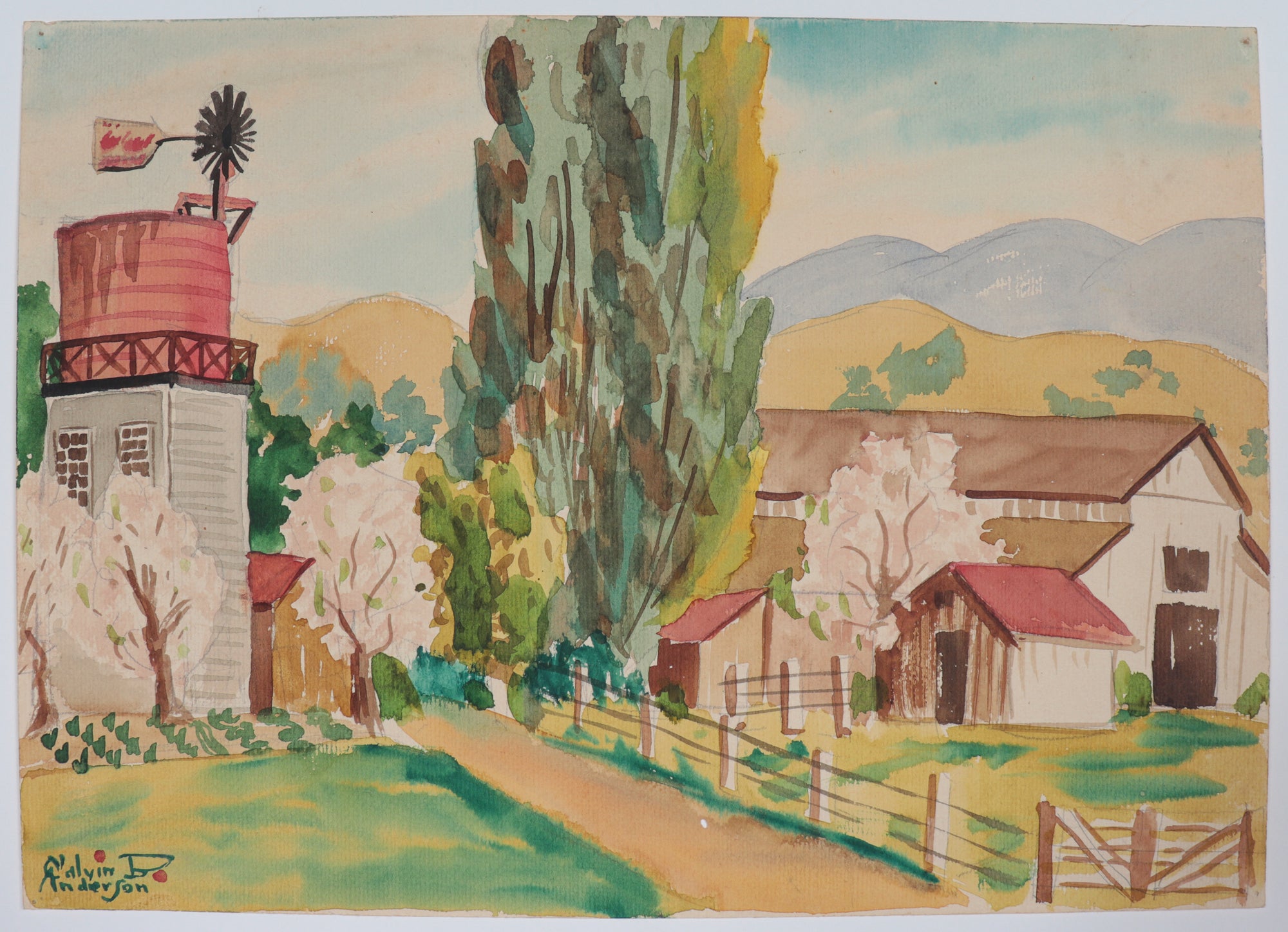 Idyllic Farm Scene <br>1942 Watercolor <br><br>#C4573