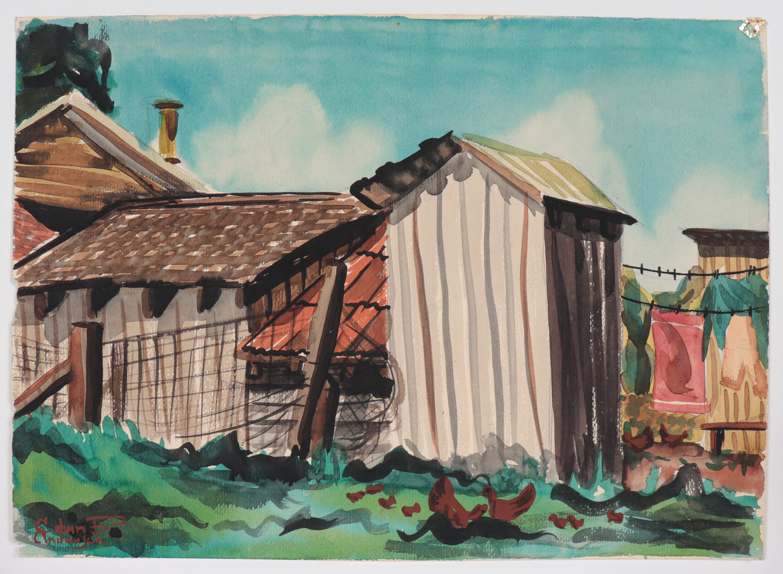 Farm Scene with Chickens <br>1944 Watercolor <br><br>#C4575