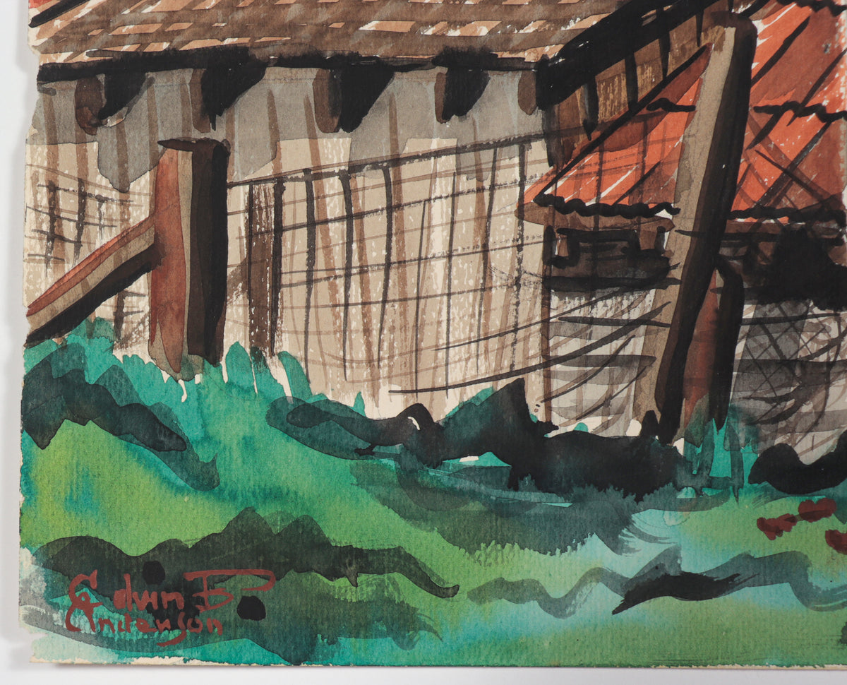 Farm Scene with Chickens <br>1944 Watercolor <br><br>#C4575