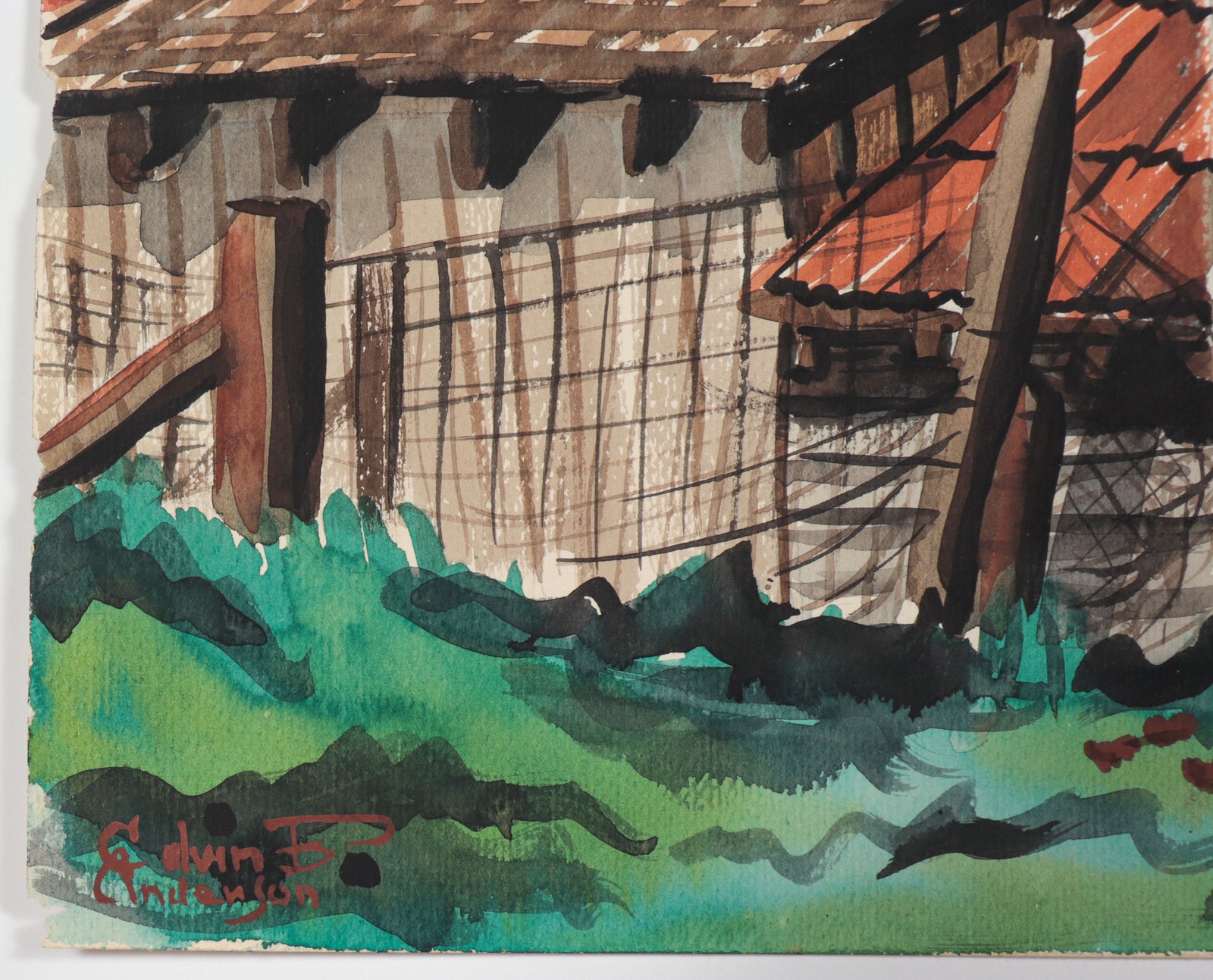 Farm Scene with Chickens <br>1944 Watercolor <br><br>#C4575