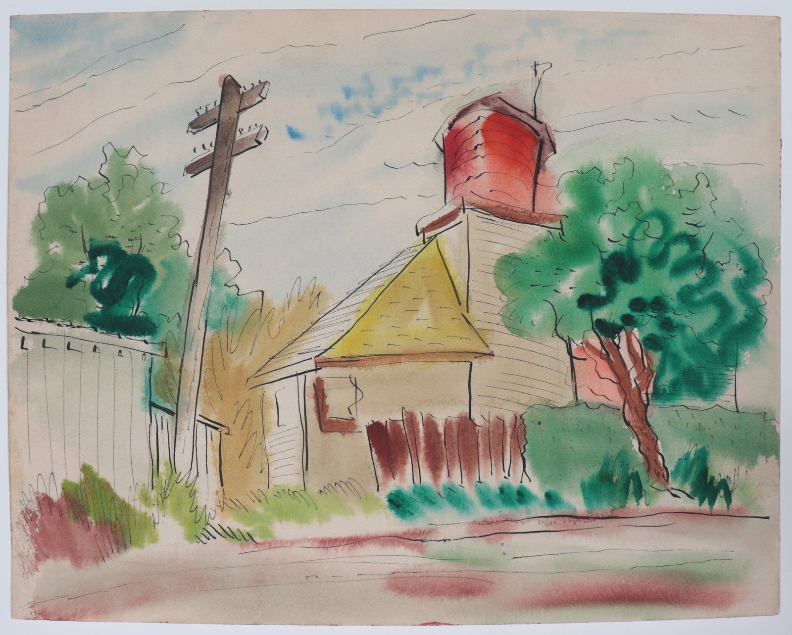 Abstracted Neighborhood Scene <br>1943 Watercolor <br><br>#C4577