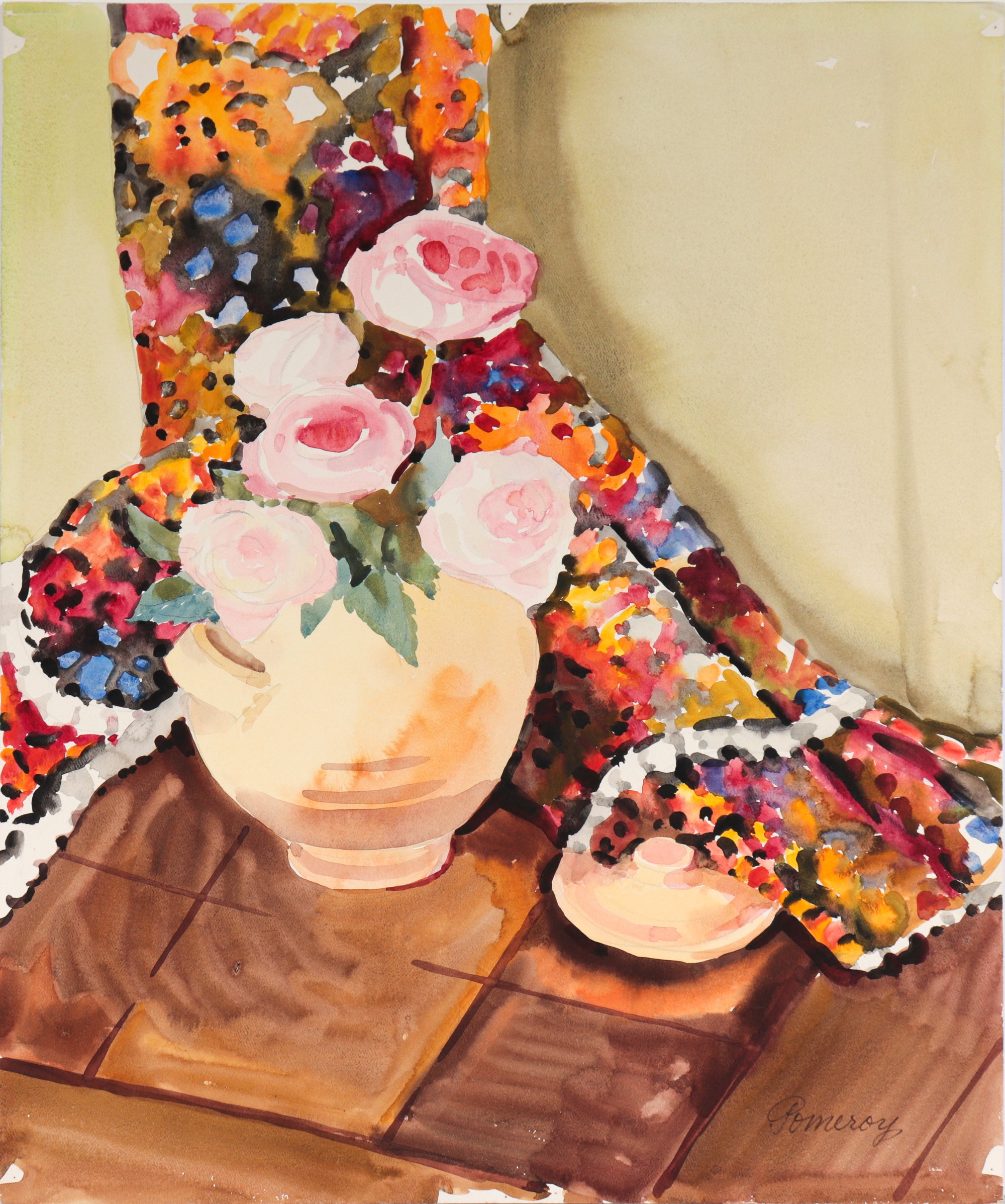 Ranunculas & Drape Still-Life<br>20th Century Watercolor<br><br>#C4912
