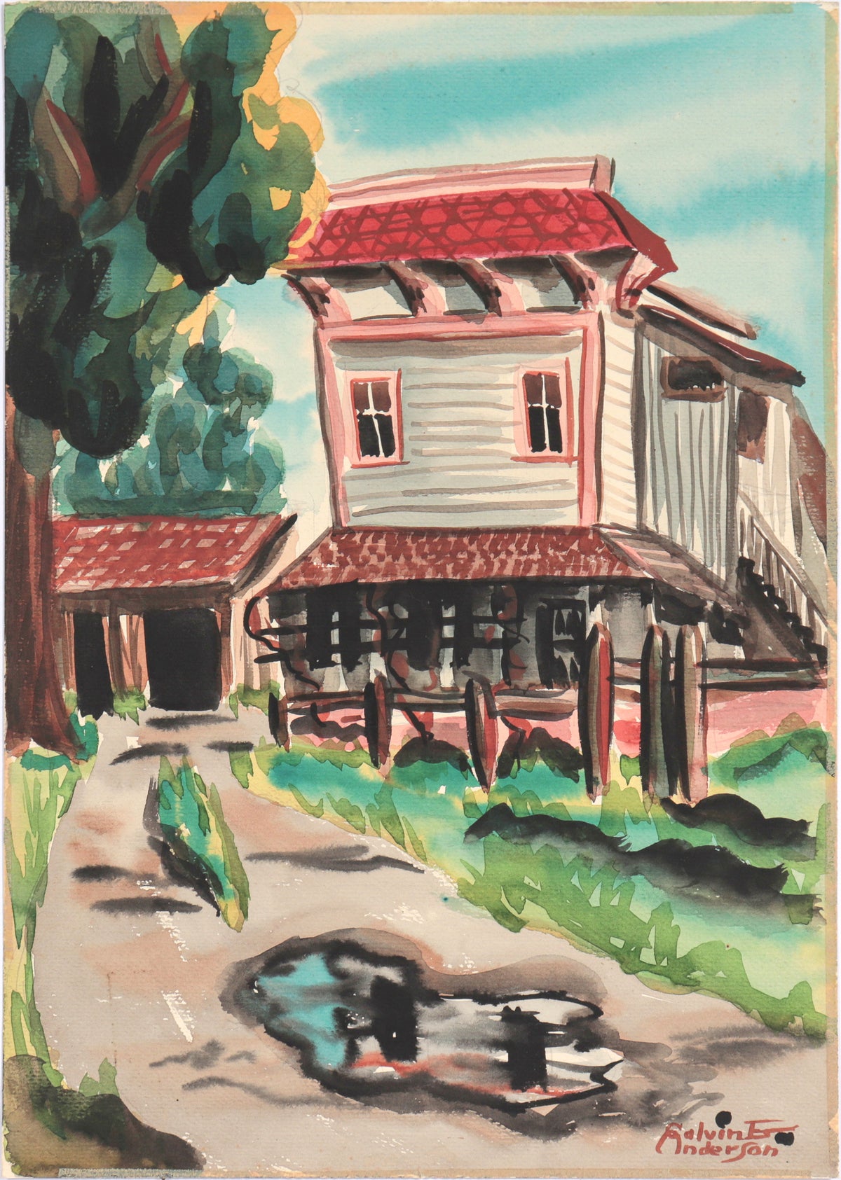 Illustrative Driveway Scene&lt;br&gt;20th Century Watercolor&lt;br&gt;&lt;br&gt;#C4937
