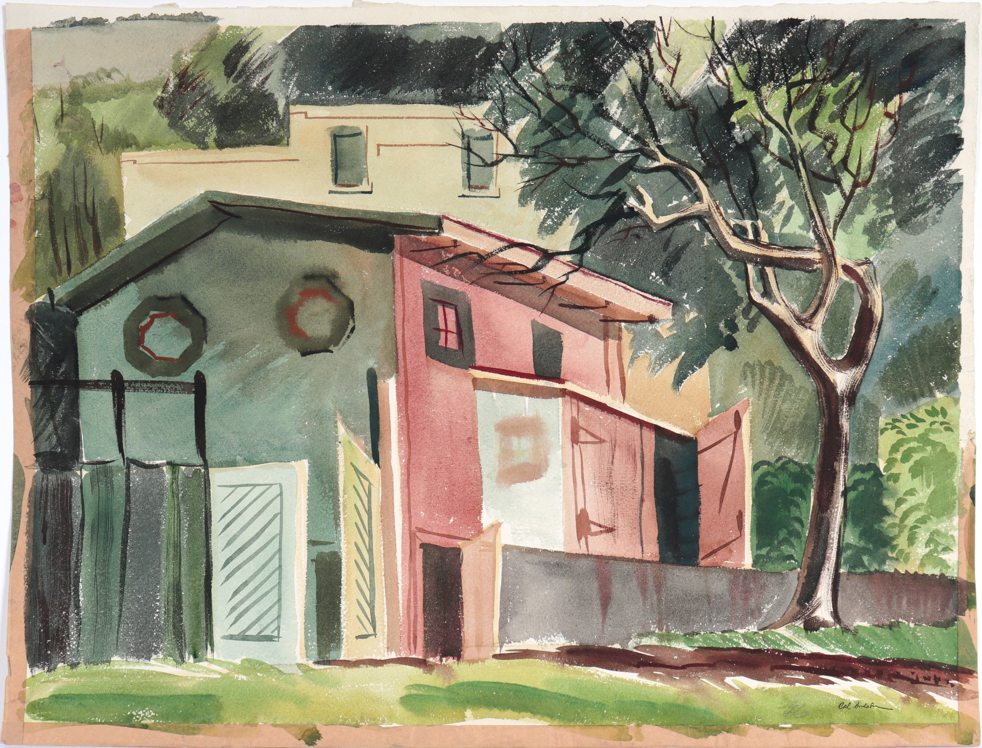 Modernist Backyard Scene<br>1946 Watercolor<br><br>#C4939