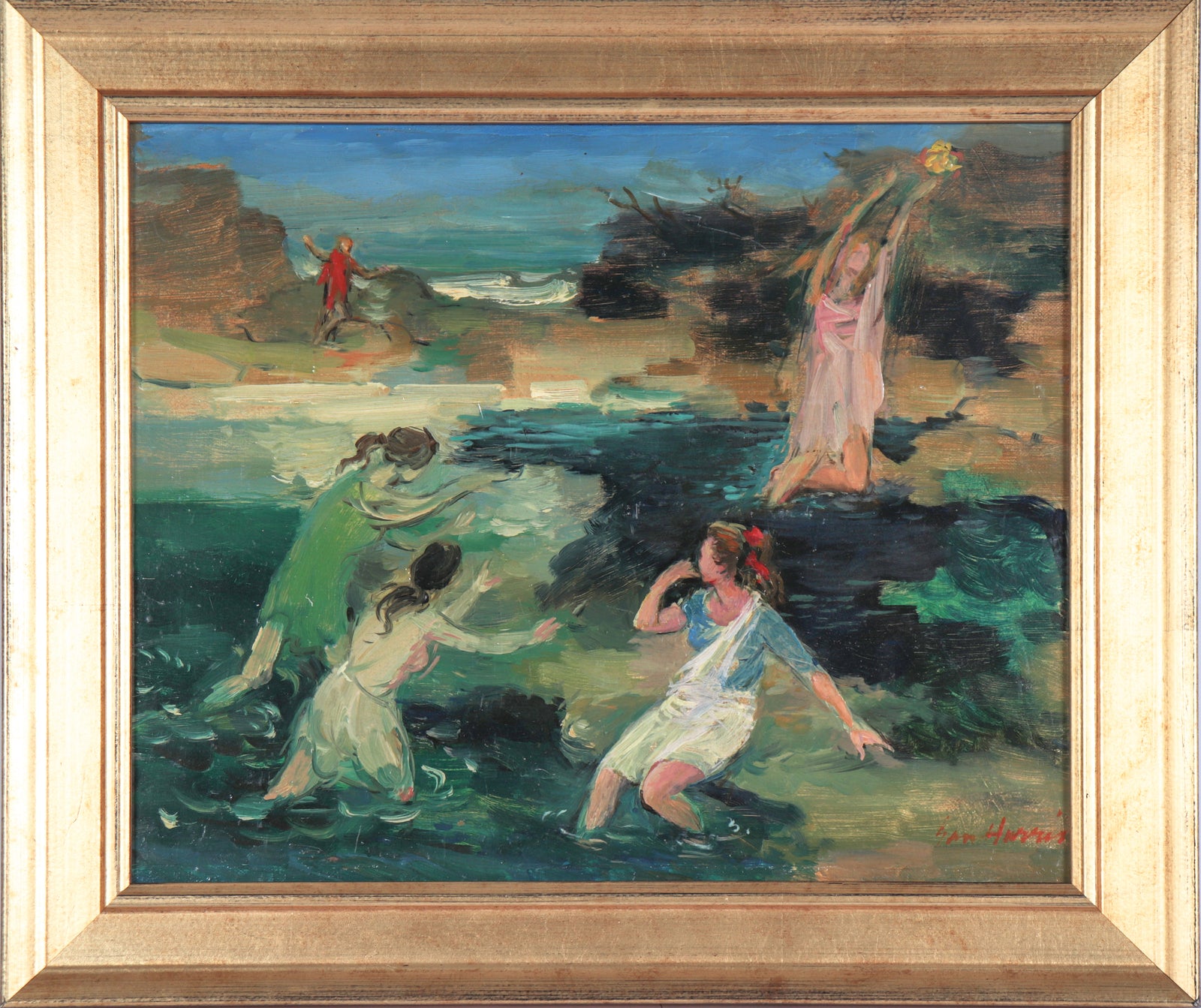 Figures at a Cove <br>20th Century Oil on Board<br><br>#C4977