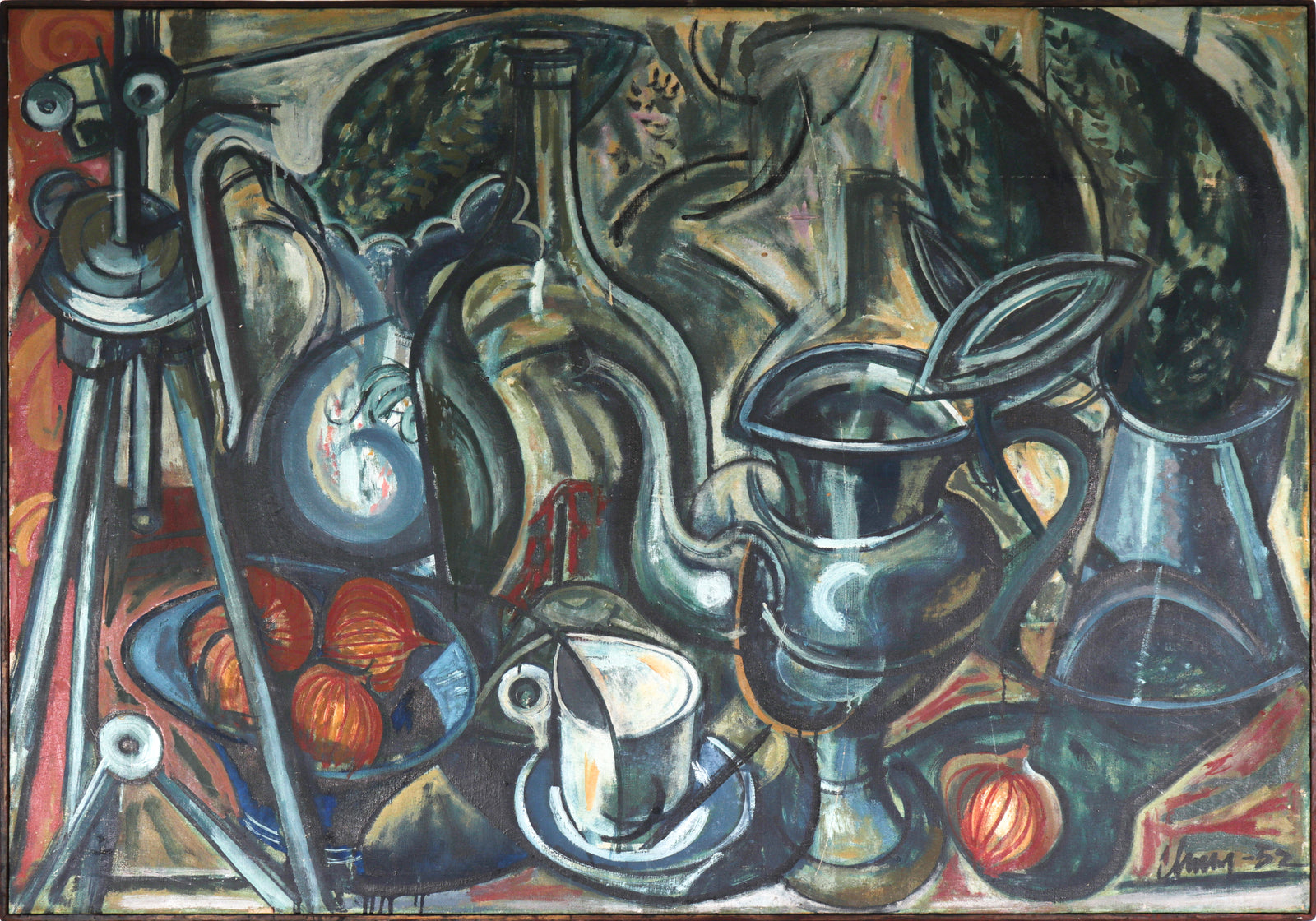 Stylized Tabletop Still-life<br>1952 Oil<br><br>#C4983