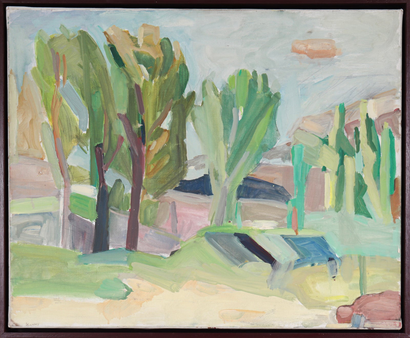 Expressionist Trees & Rooftops <br>1968 Oil & Graphite <br><br>#C5099