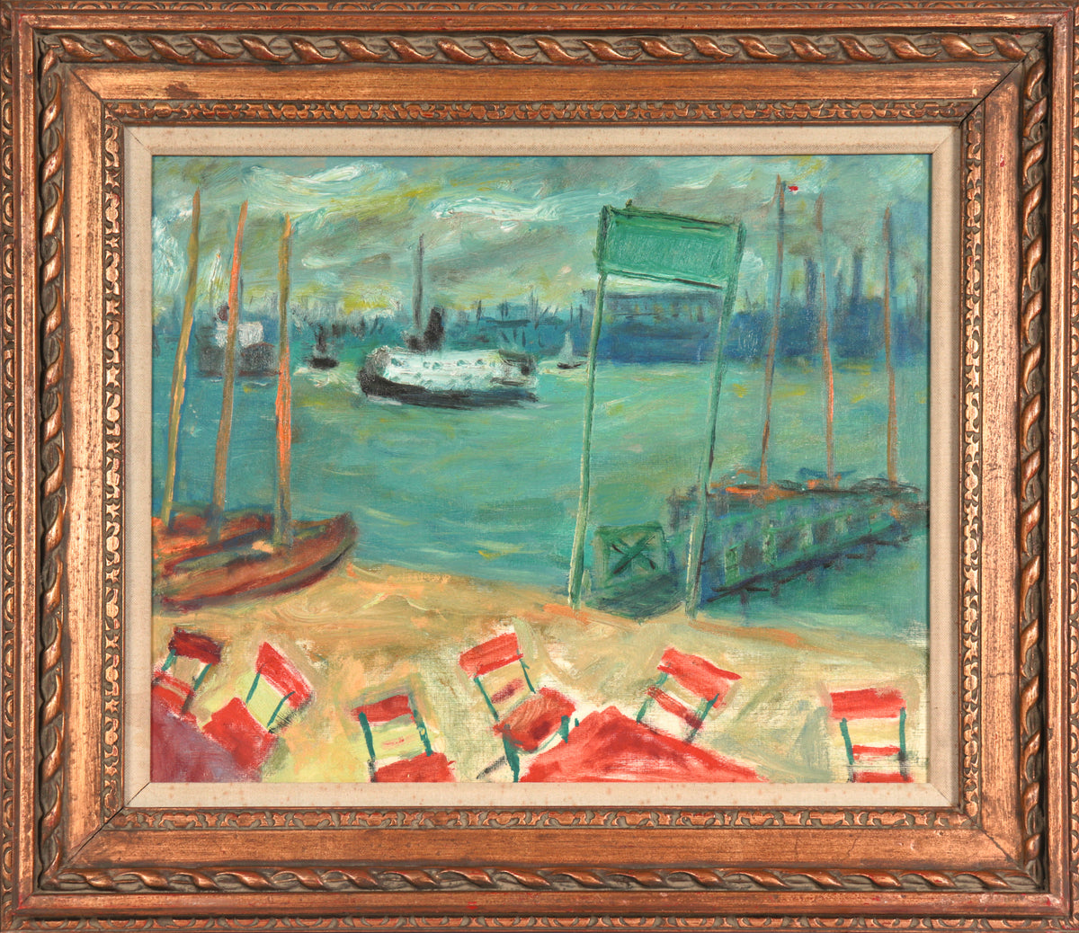 &lt;I&gt;Boothbay Harbor with Cafe Chairs&lt;/I&gt; &lt;br&gt;1971 Oil on Paper&lt;br&gt;&lt;br&gt;#C5117