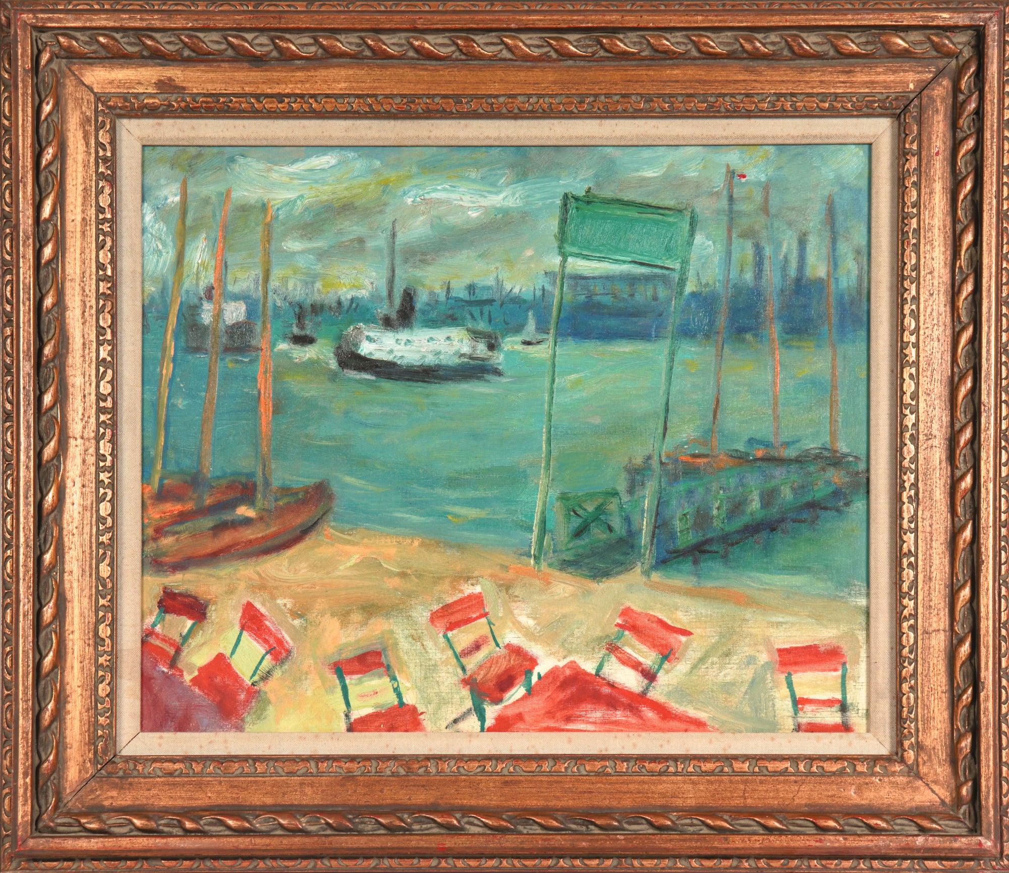 <I>Boothbay Harbor with Cafe Chairs</I> <br>1971 Oil on Paper<br><br>#C5117