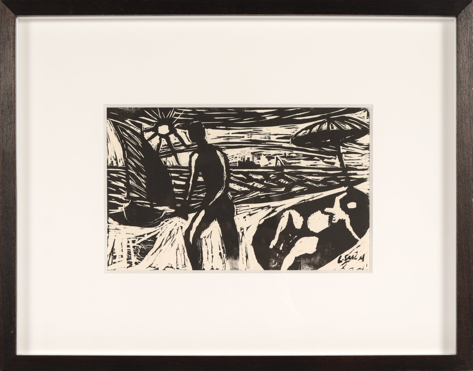 <I>Two Figures at the Beach</I> <br>1980 Linocut<br><br>#C5122