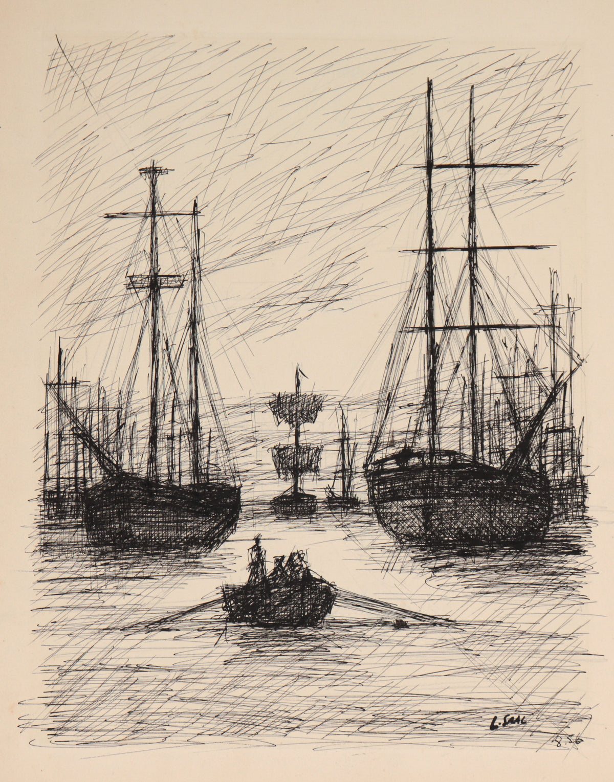 Frenetic Ship Scene&lt;br&gt;1956 Ink&lt;br&gt;&lt;br&gt;#C5123