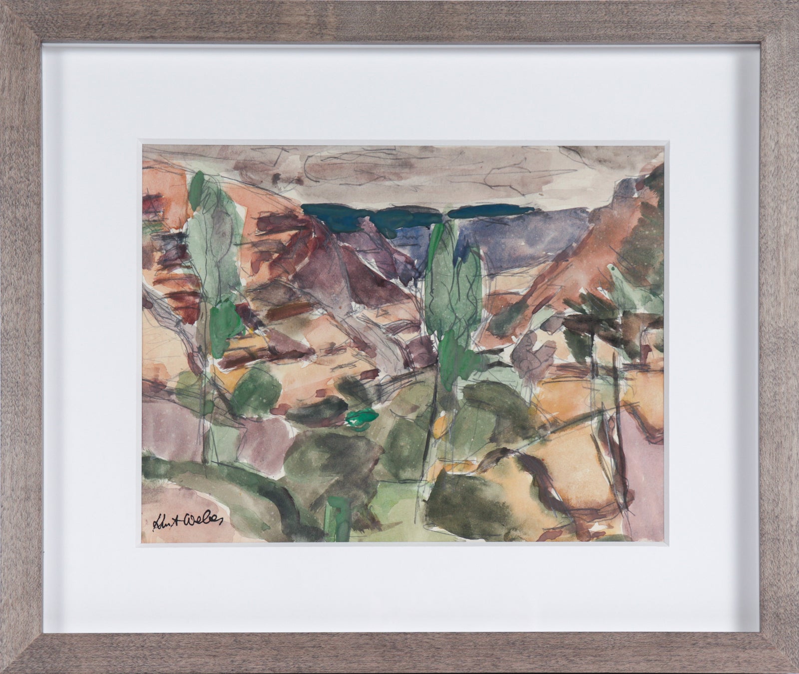 Serene Expressionist Landscape <br>20th Century Gouache & Graphite <br><br>#C5218