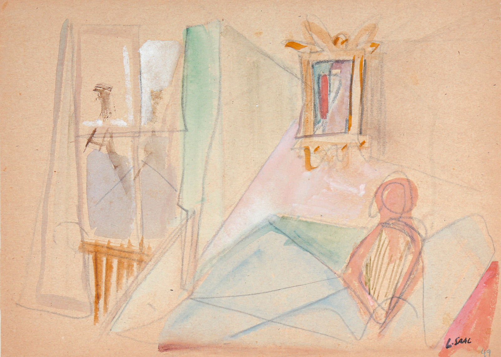 Abstracted Interior Scene<br>1949 Mixed-Media <br><br>#C5251