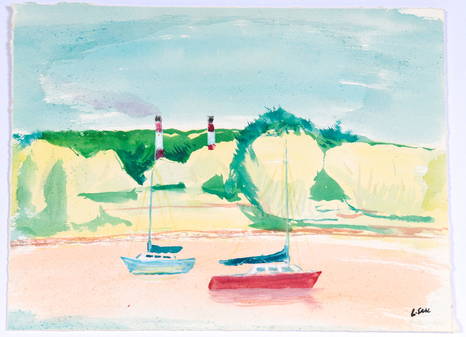Two Boats on a Lake<br>20th Century Gouache<br><br>#C5256