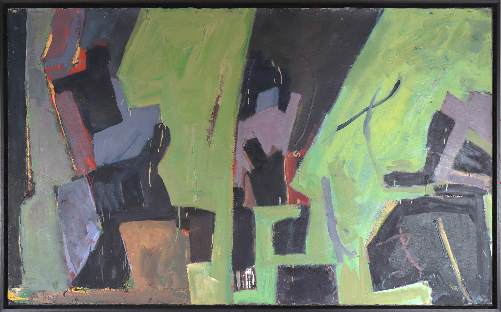 Green & Black Expressionist Abstract <br>Mixed Media on Paper Mounted to Canvas <br><br>#C5269
