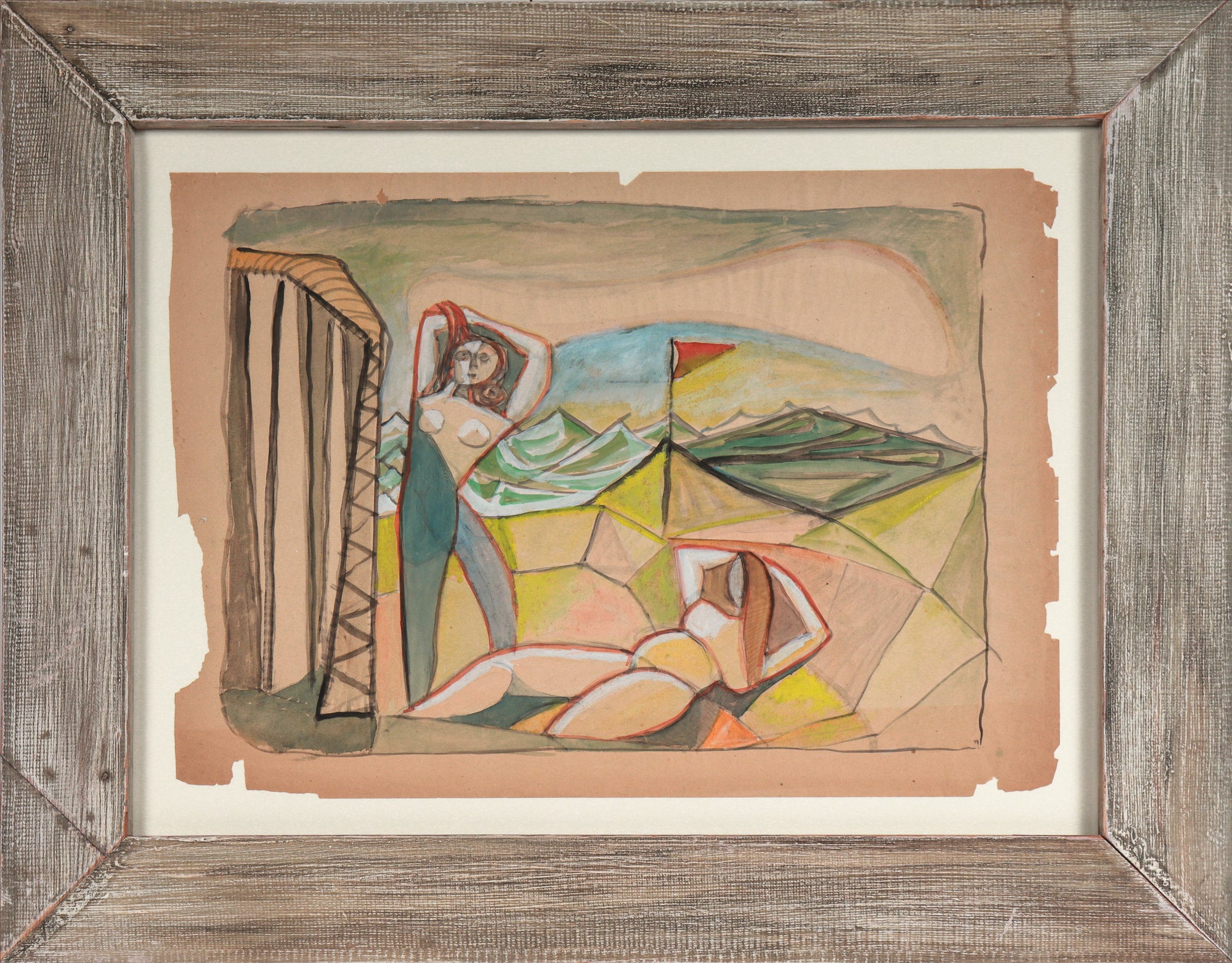 Cubist Beach Scene<br>1950 Watercolor<br><br>#C5296