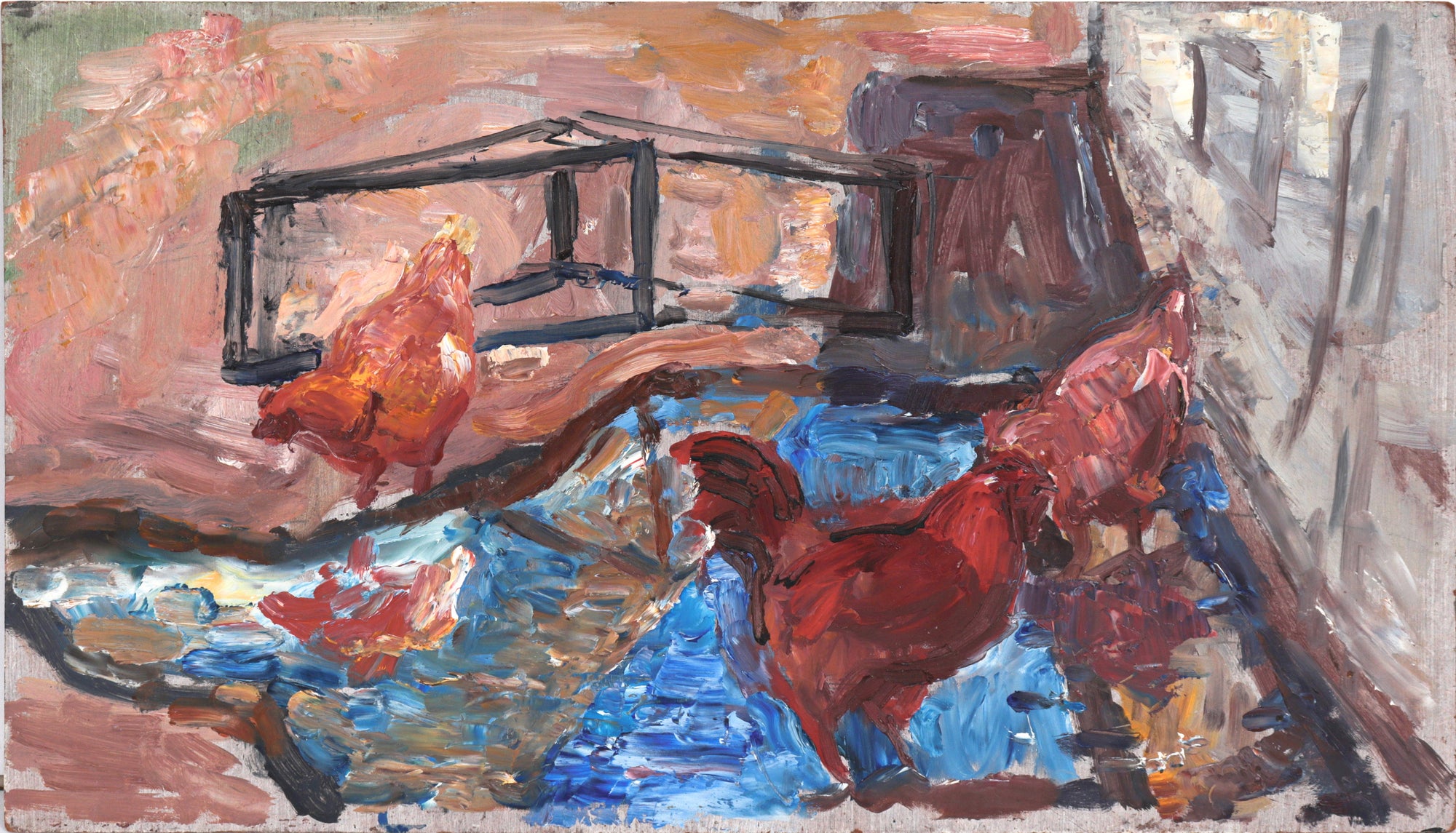 Abstracted Farm Scene with Chickens<br>20th Century Oil on Board<br><br>#C5453